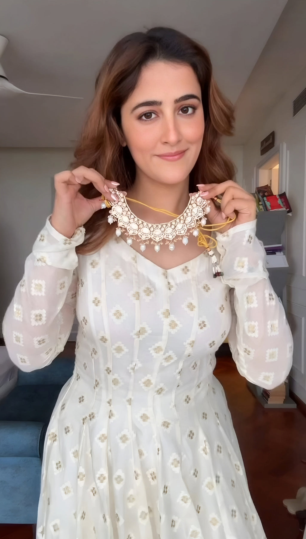 Eloriya Off Waite Lakhnavi Work Designer Anarkali Suit - L [40] | Eloriya India