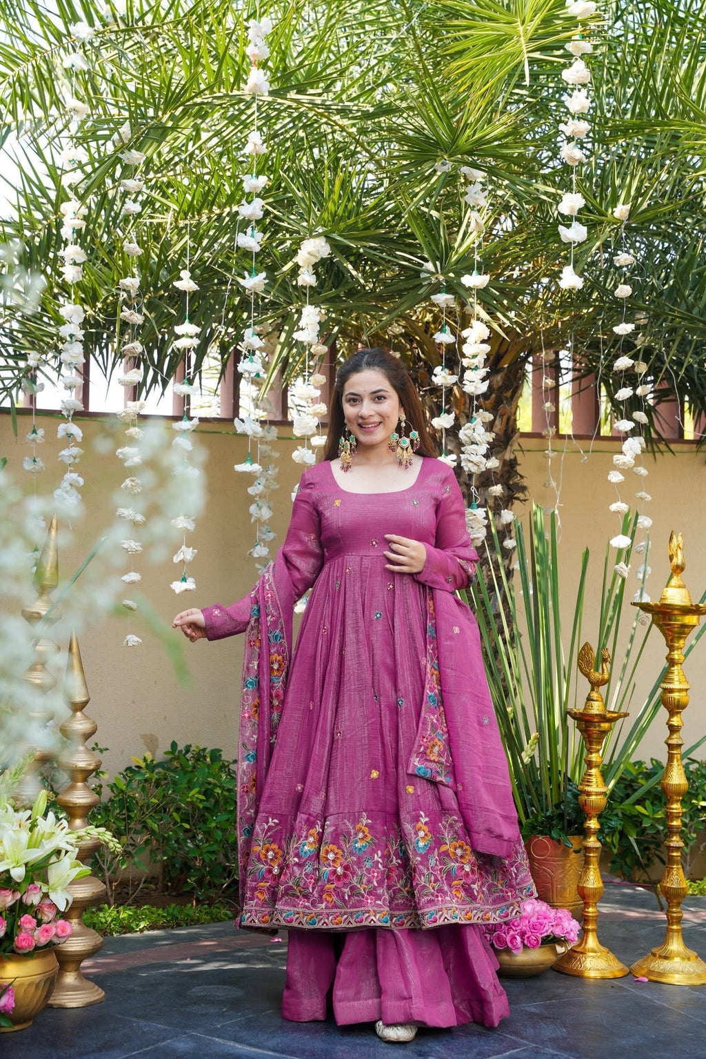 Eloriya Dusty Rose Shades Crunchy Silk Anarkali Palazzo Suit Set - S [36] | Eloriya India