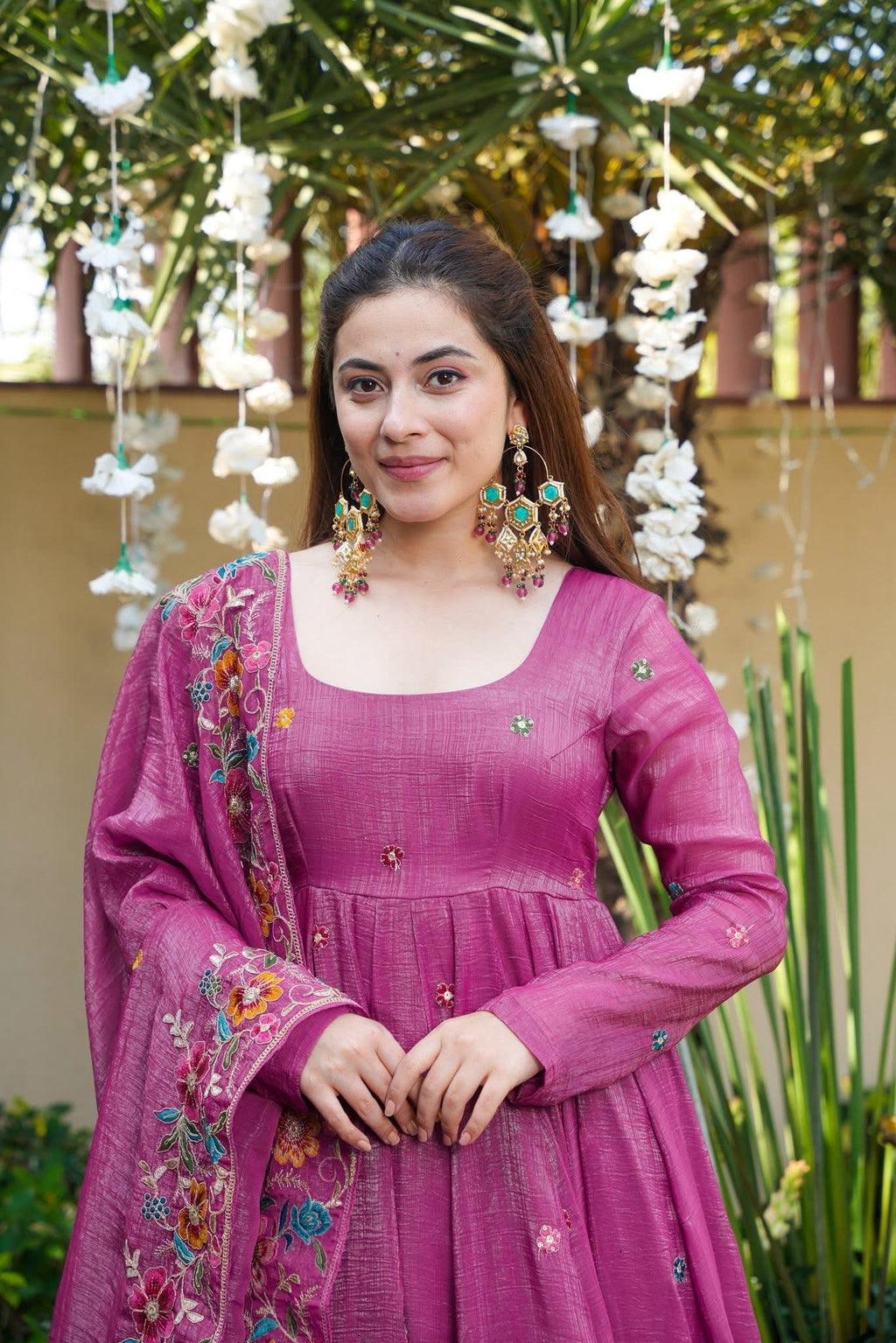 Eloriya Dusty Rose Shades Crunchy Silk Anarkali Palazzo Suit Set - XL [42] | Eloriya India