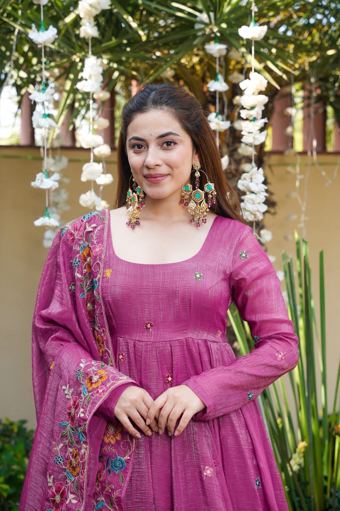 Eloriya Dusty Rose Shades Crunchy Silk Anarkali Palazzo Suit Set - XL [42] | Eloriya India