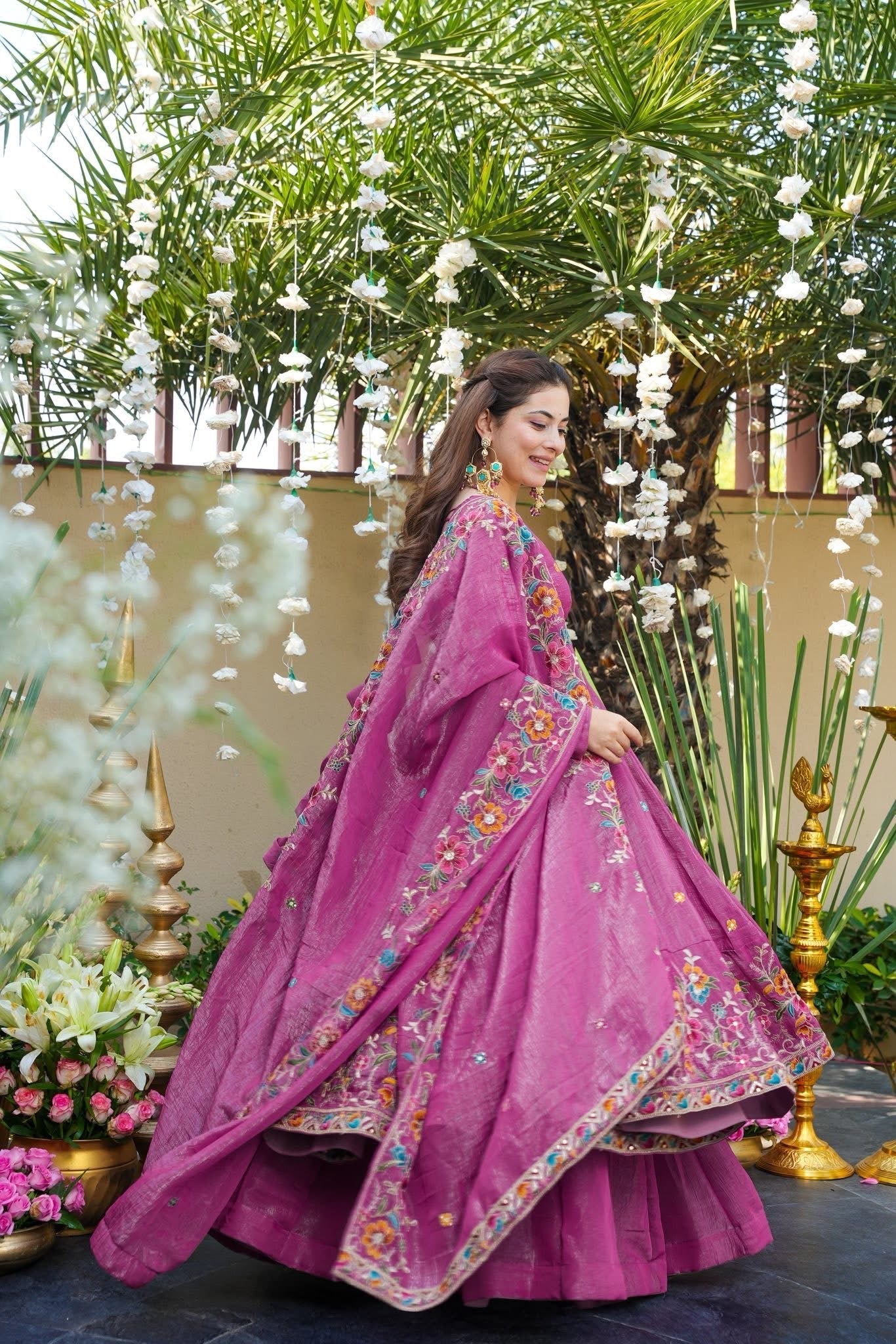 Eloriya Dusty Rose Shades Crunchy Silk Anarkali Palazzo Suit Set - M [38] | Eloriya India