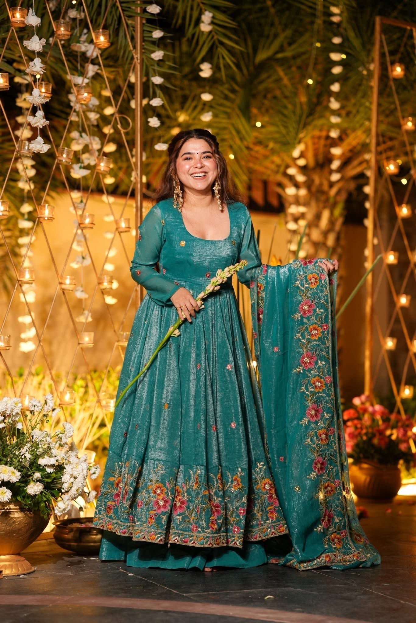 Eloriya Rama Shades Crunchy Silk Anarkali Palazzo Suit Set - S [36] | Eloriya India