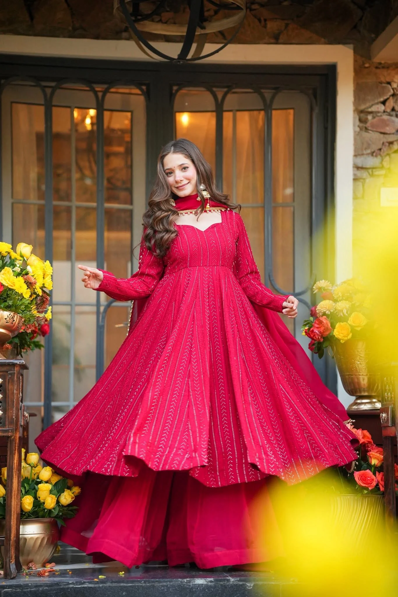 Eloriya Piink Shades Lakhnavi Embroidered Work Anarkali Suit Set - XS [34] | Eloriya India
