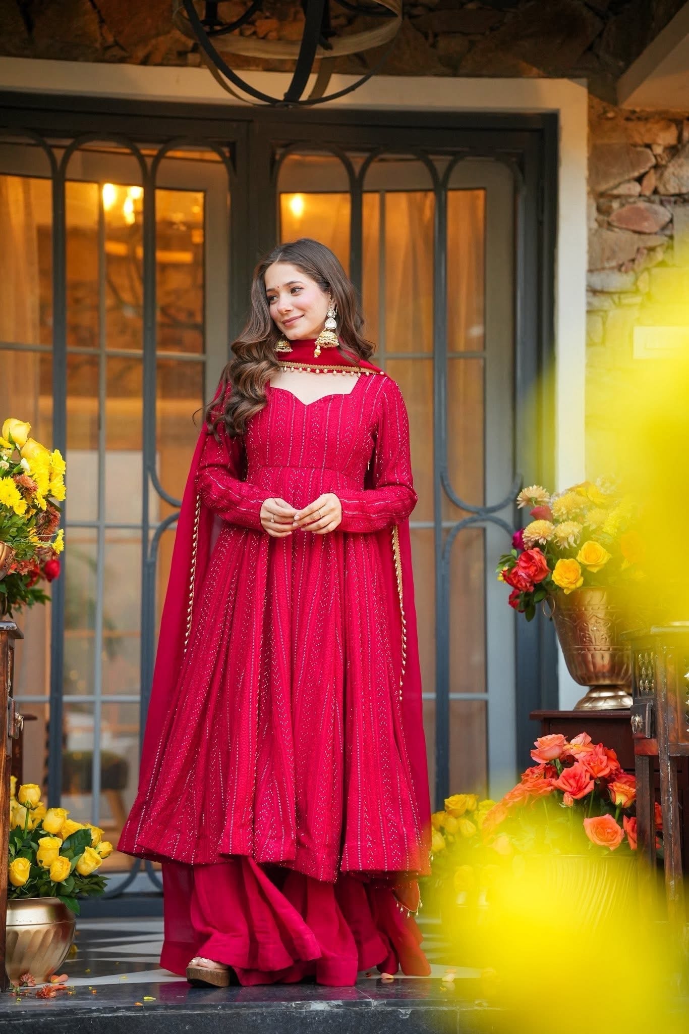 Eloriya Piink Shades Lakhnavi Embroidered Work Anarkali Suit Set - S [36] | Eloriya India