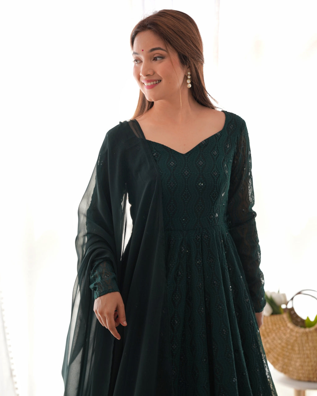 Eloriya Premium Quality Lukhnowi Green Suit Set - M [38] | Eloriya India