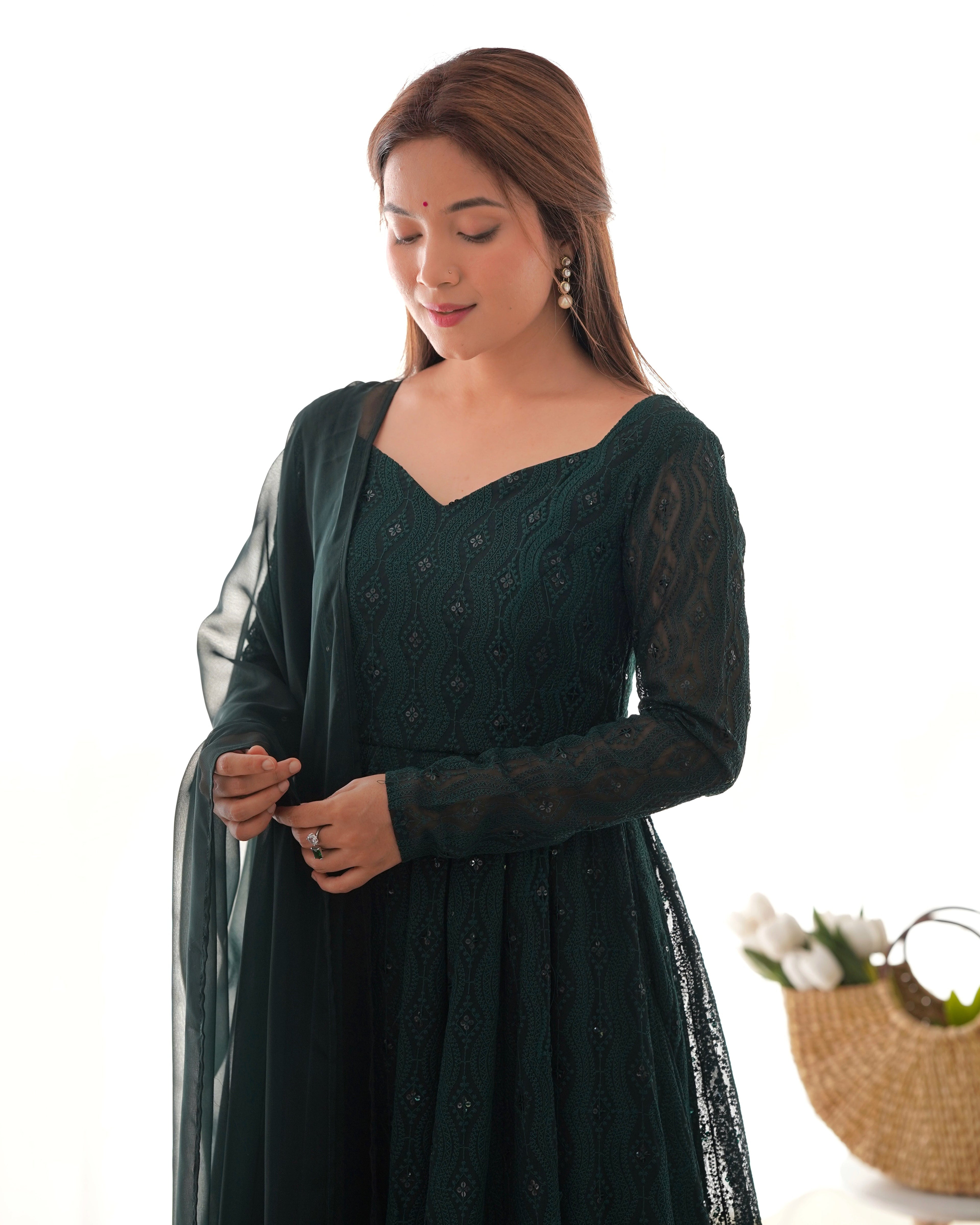 Eloriya Premium Quality Lukhnowi Green Suit Set - L [40] | Eloriya India