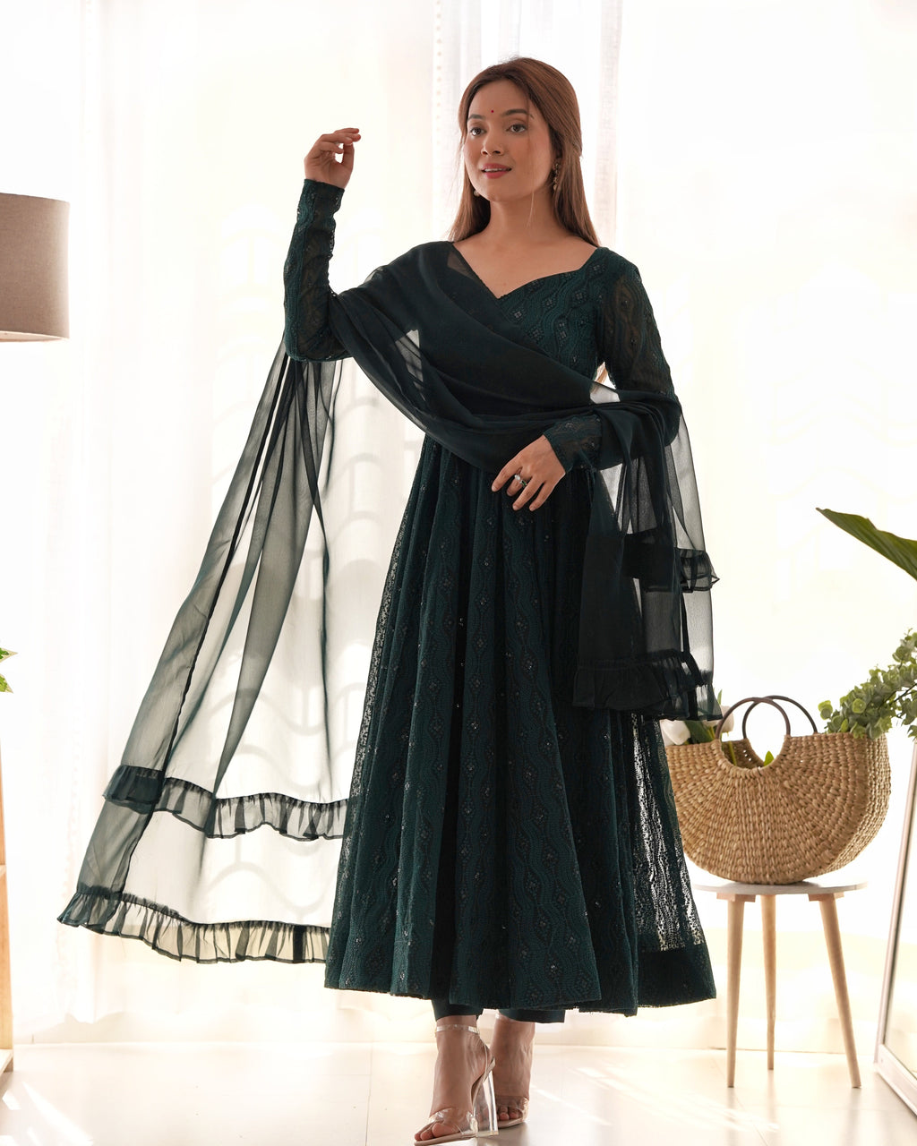 Eloriya Premium Quality Lukhnowi Green Suit Set | Eloriya India