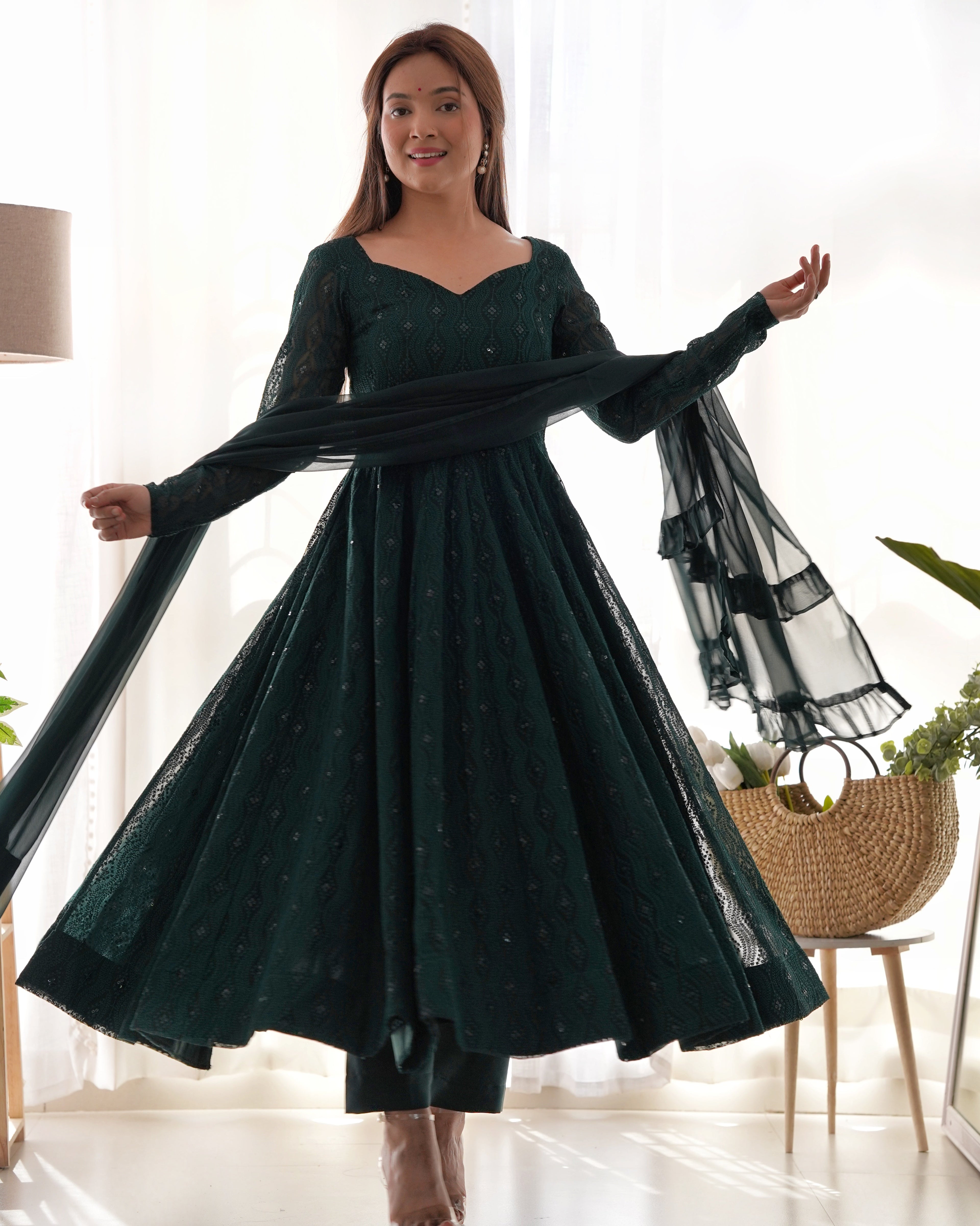 Eloriya Premium Quality Lukhnowi Green Suit Set | Eloriya India