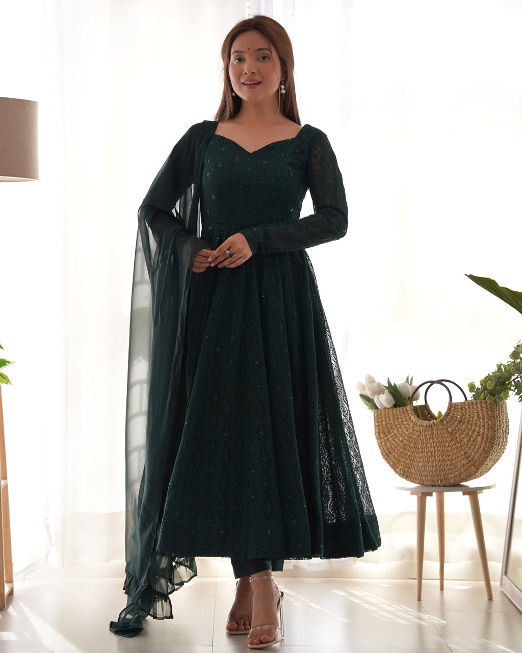 Eloriya Premium Quality Lukhnowi Green Suit Set - 2XL [44] | Eloriya India