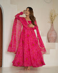 Eloriya Premium Quality Bandhej Pink Anarkali Suit Set - S [36] | Eloriya India