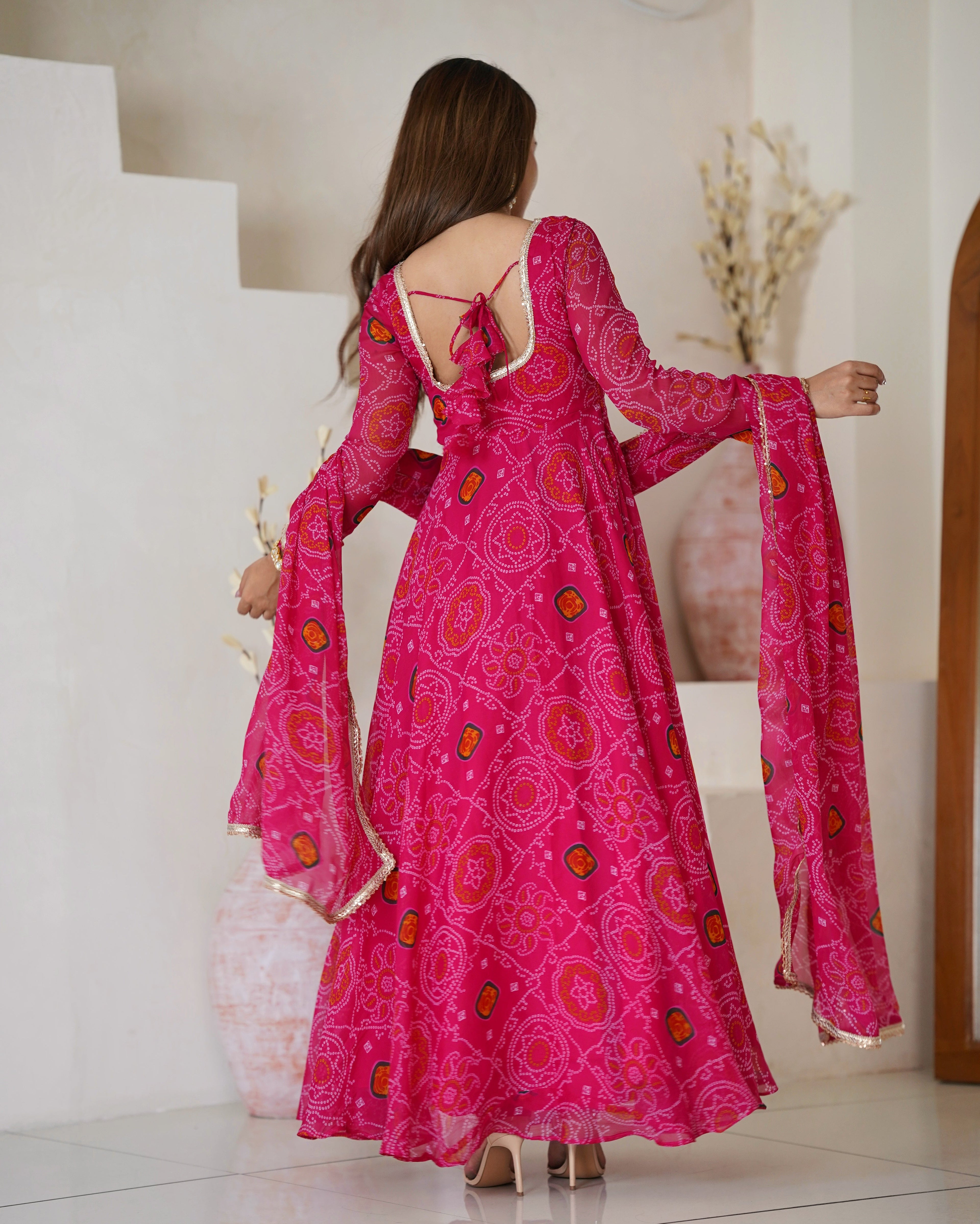 Eloriya Premium Quality Bandhej Pink Anarkali Suit Set - L [40] | Eloriya India