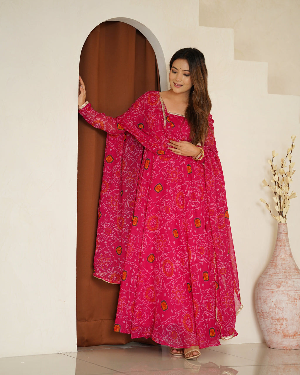 Eloriya Premium Quality Bandhej Pink Anarkali Suit Set - XS [34] | Eloriya India