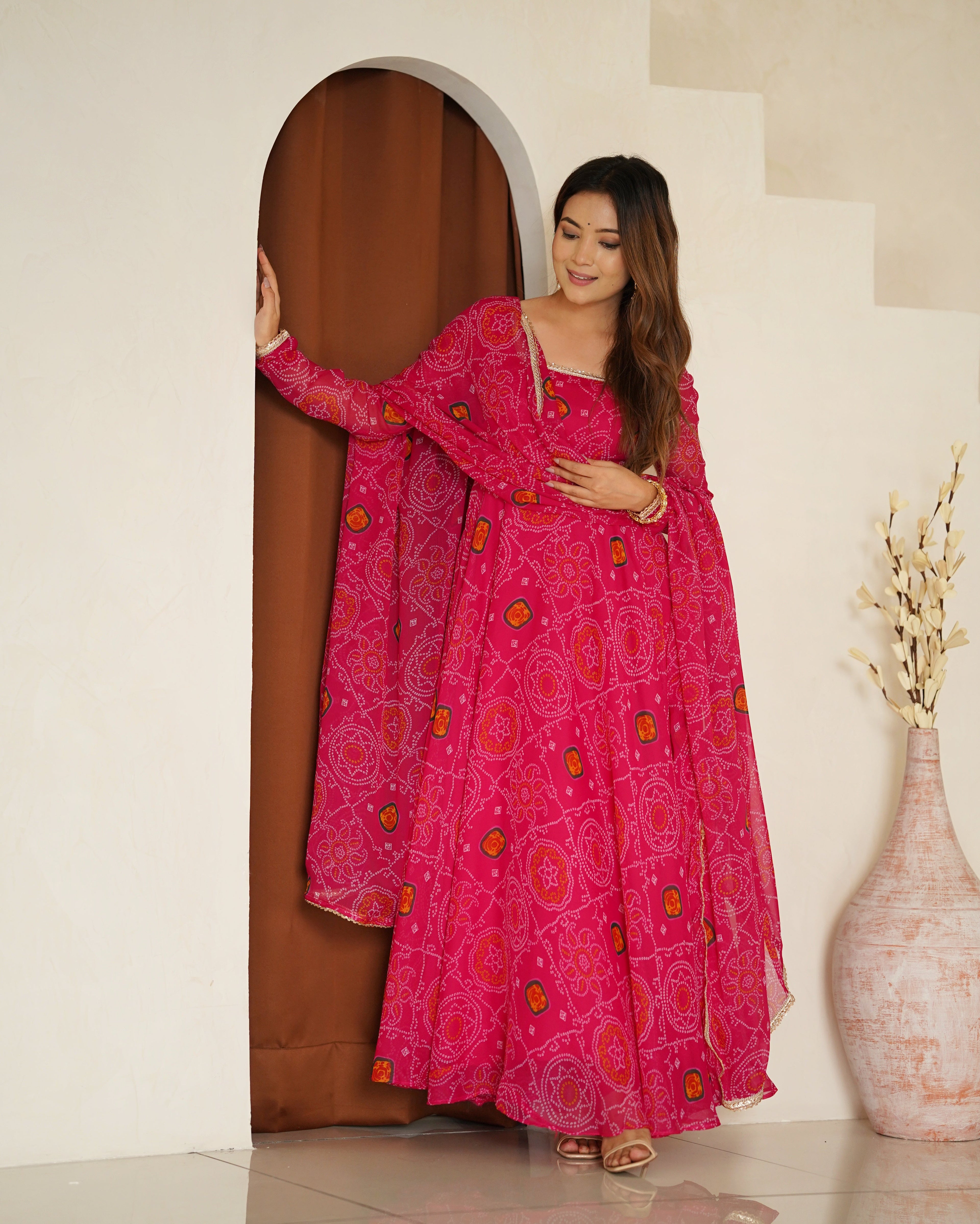 Eloriya Premium Quality Bandhej Pink Anarkali Suit Set - XS [34] | Eloriya India