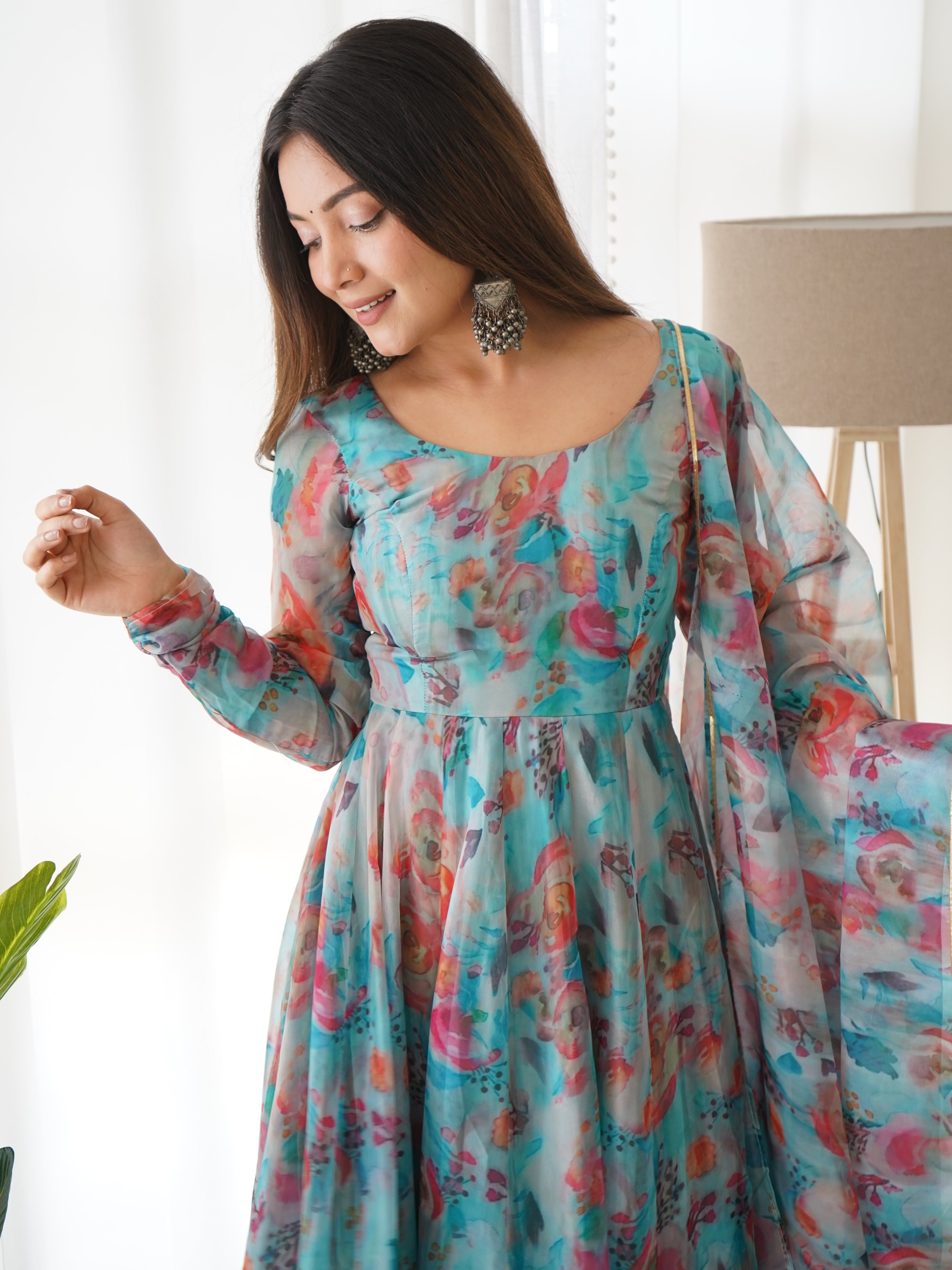Eloriya Floral Organza Suit Set - L | Eloriya India
