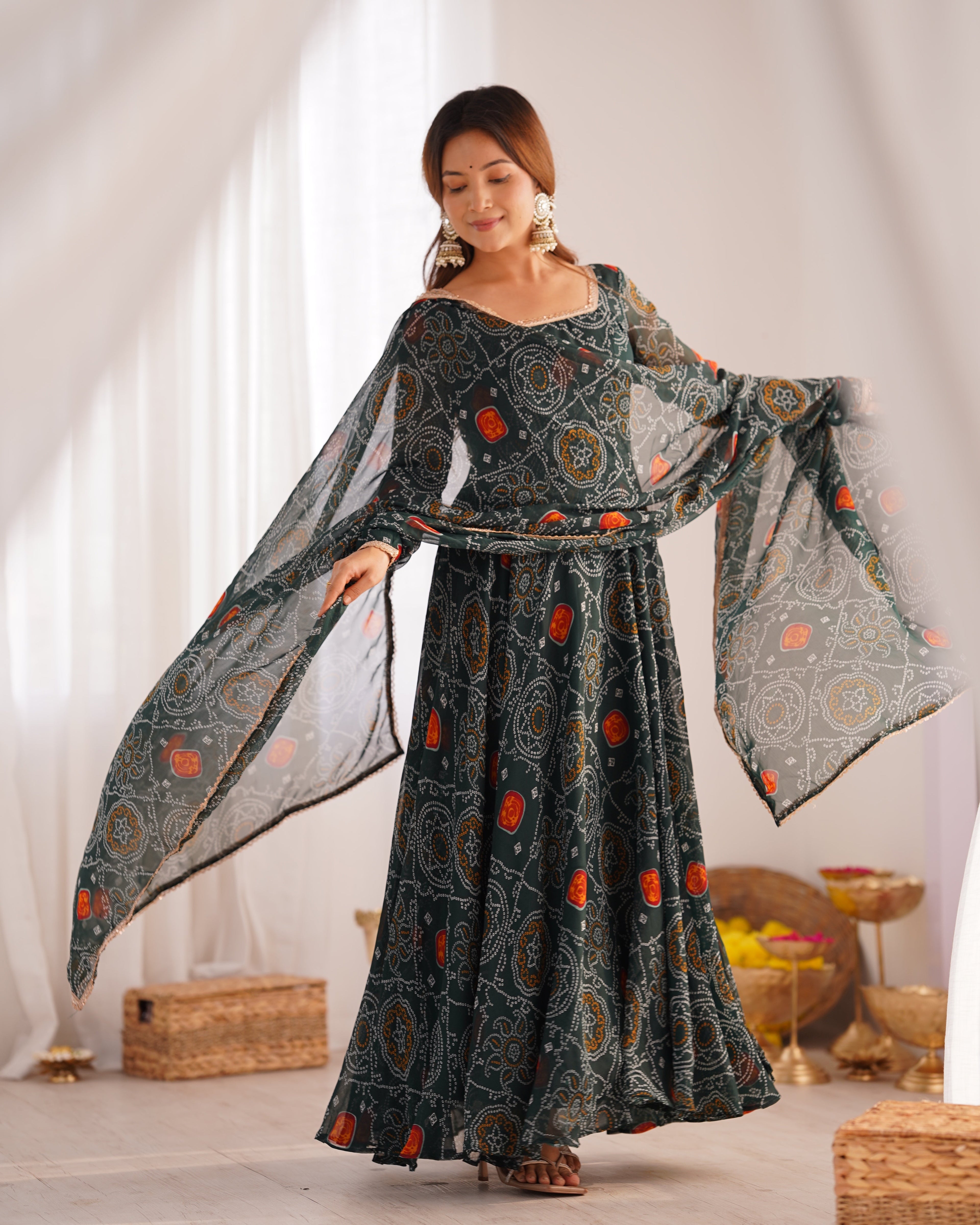 Eloriya Premium Quality Bandhej Green Anarkali Suit Set | Eloriya India