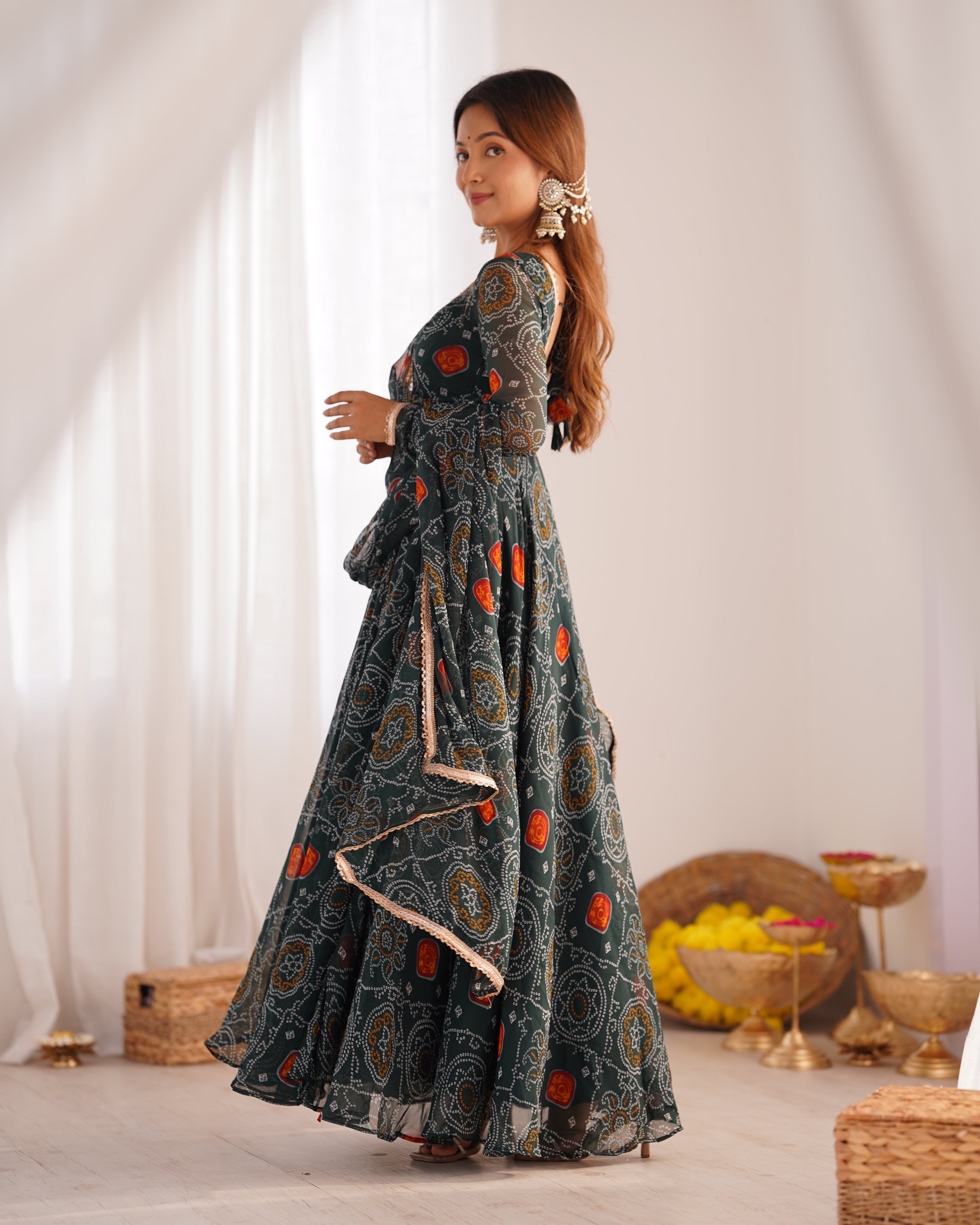Eloriya Premium Quality Bandhej Green Anarkali Suit Set - S [36] | Eloriya India
