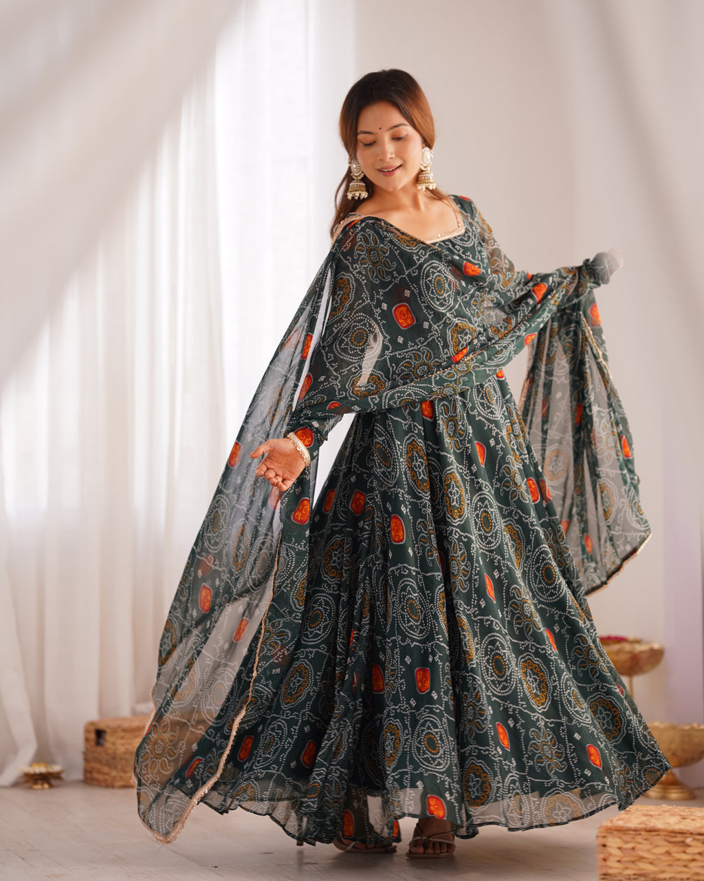 Eloriya Premium Quality Bandhej Green Anarkali Suit Set - XS [34] | Eloriya India