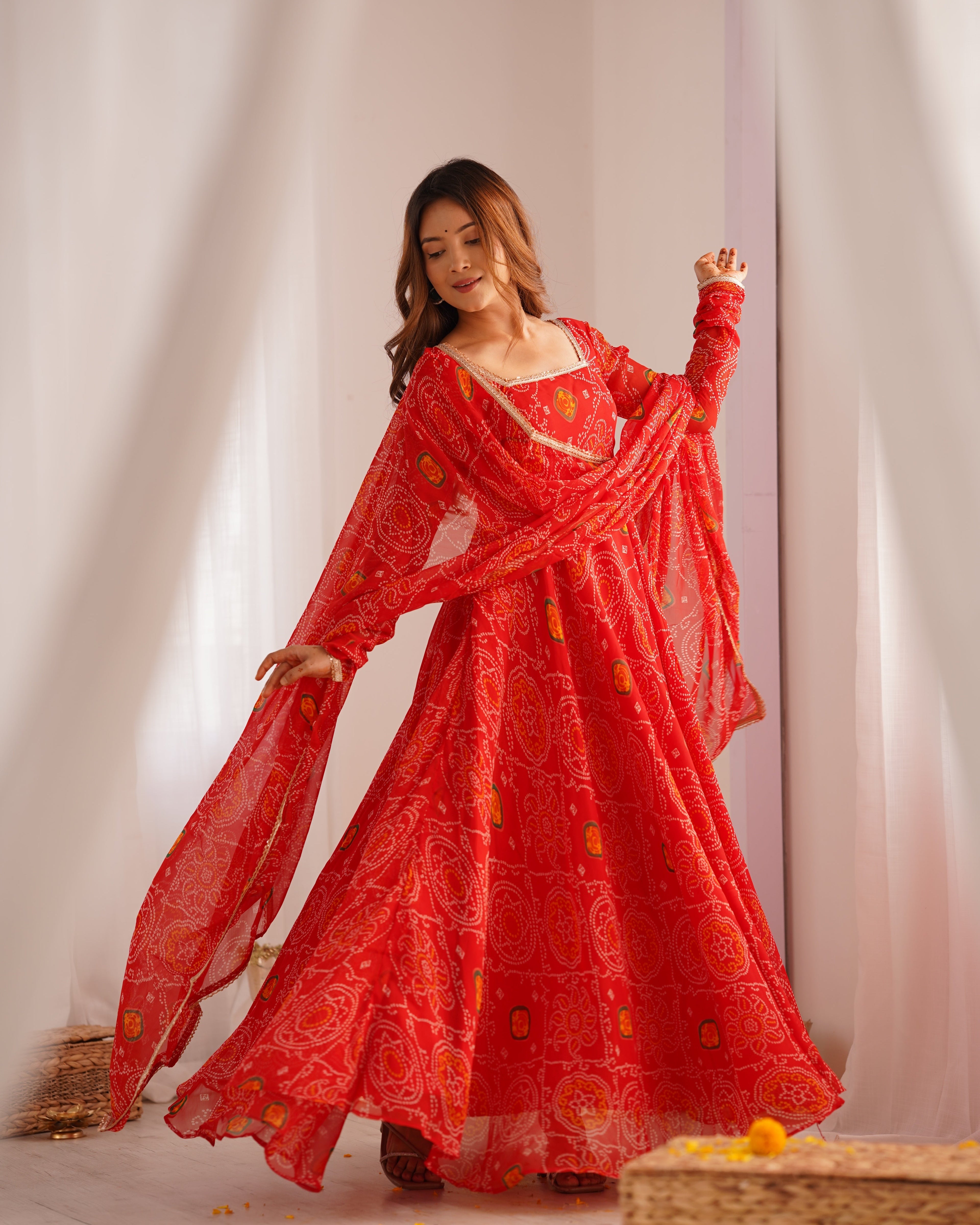 Eloriya Premium Quality Bandhej Red Anarkali Suit Set - XS [34] | Eloriya India
