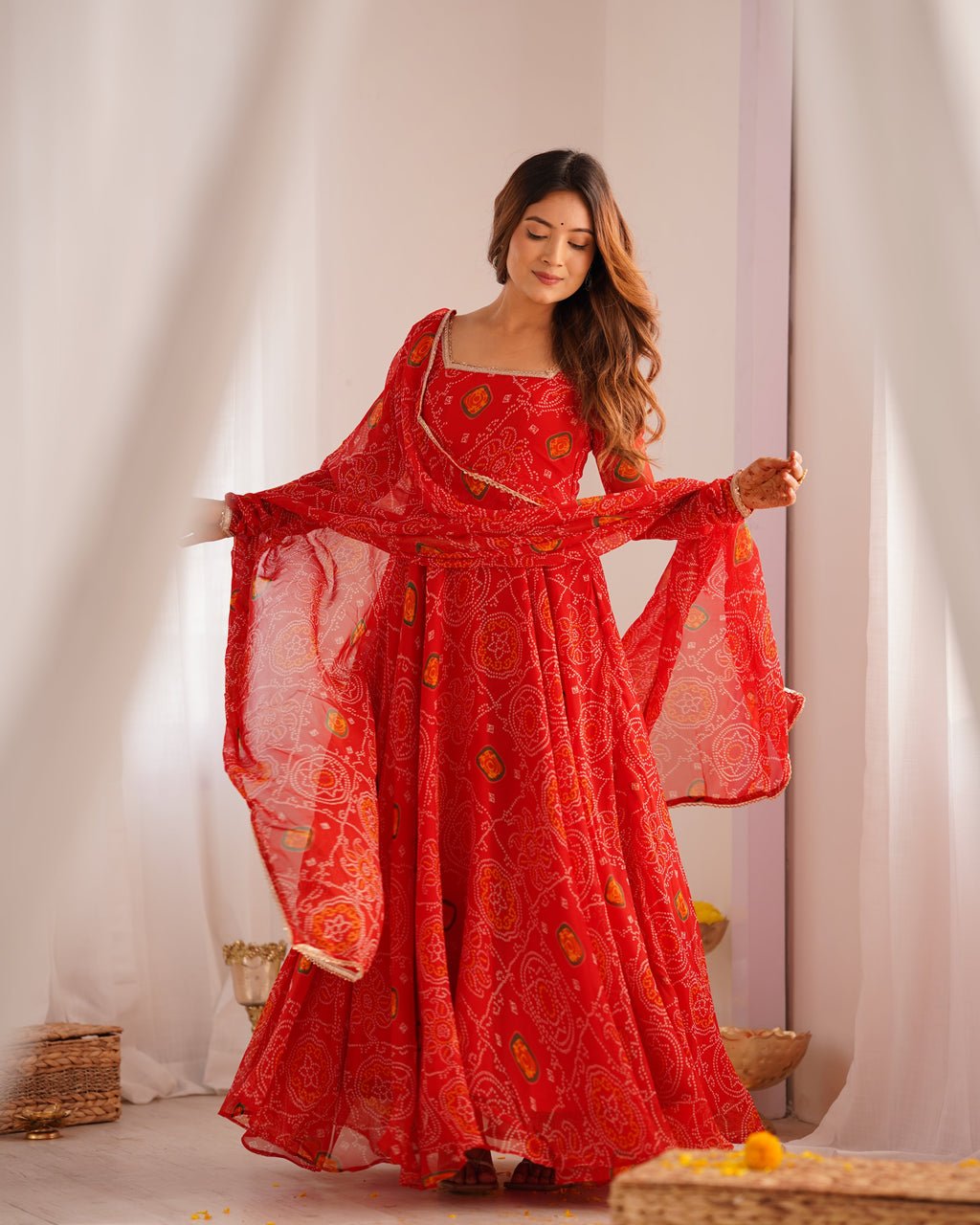 Eloriya Premium Quality Bandhej Red Anarkali Suit Set - XL [42] | Eloriya India