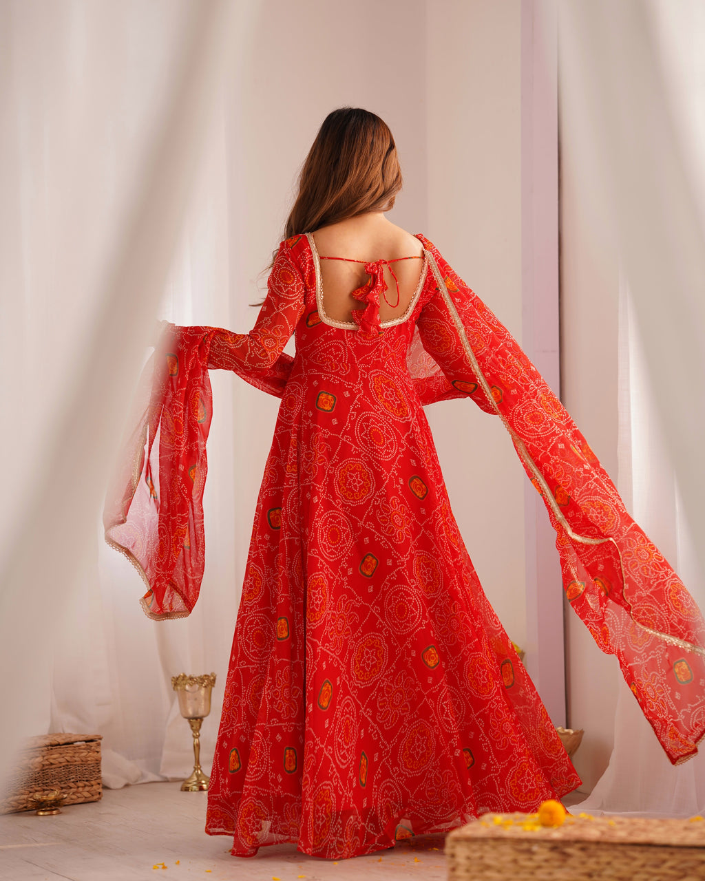 Eloriya Premium Quality Bandhej Red Anarkali Suit Set - 2XL [44] | Eloriya India