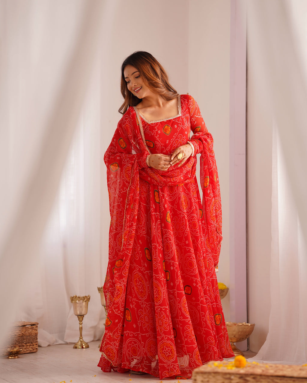 Eloriya Premium Quality Bandhej Red Anarkali Suit Set - S [36] | Eloriya India