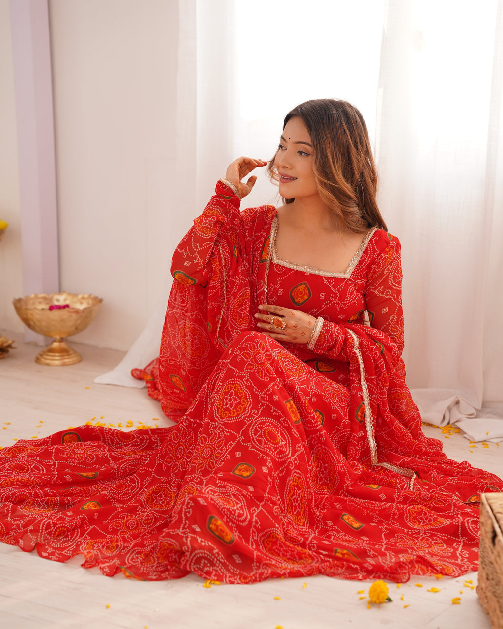 Eloriya Premium Quality Bandhej Red Anarkali Suit Set | Eloriya India