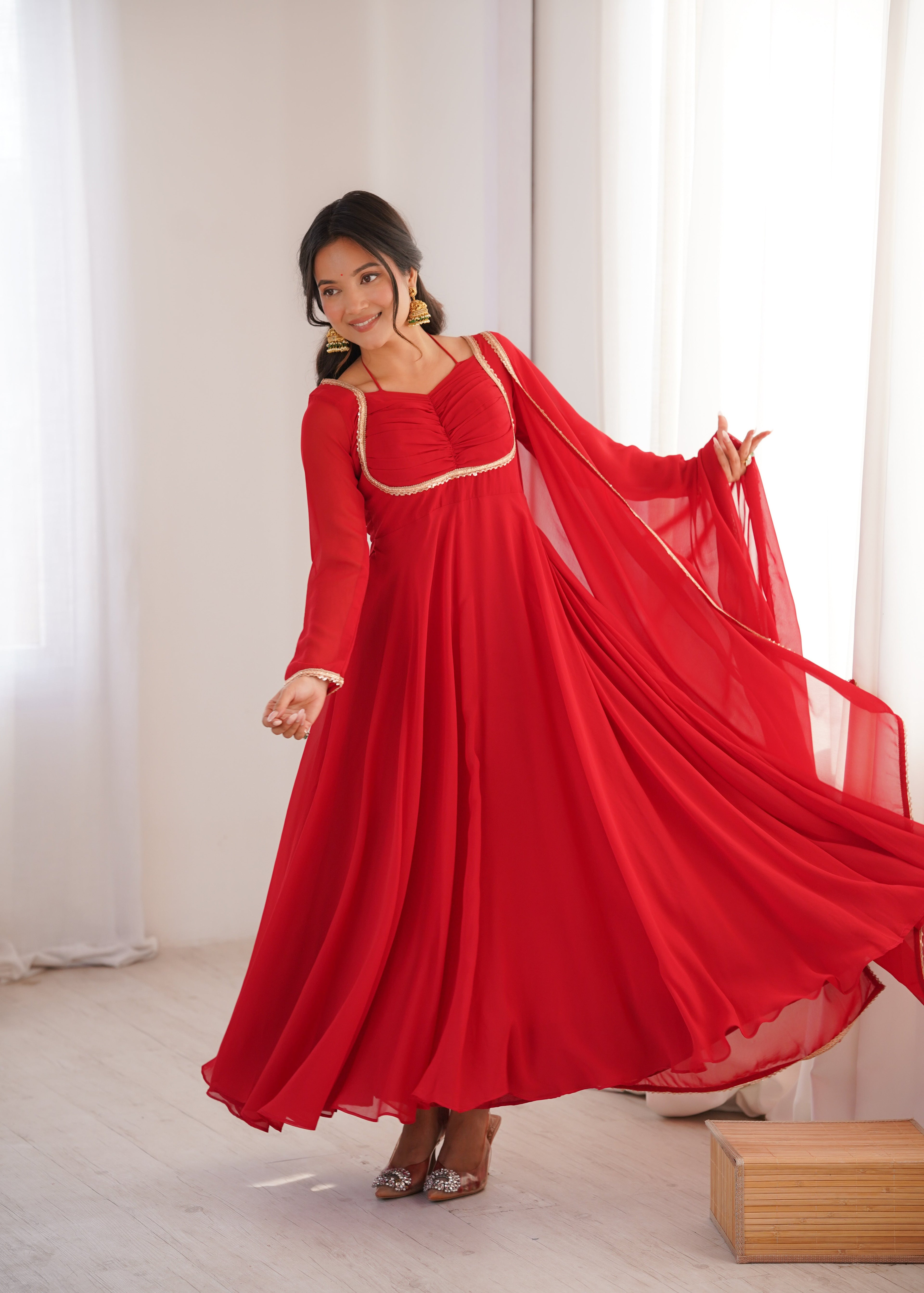 Eloriya Premium Quality Blue Shades And Red Anarkali Suit Set - Red | Eloriya India