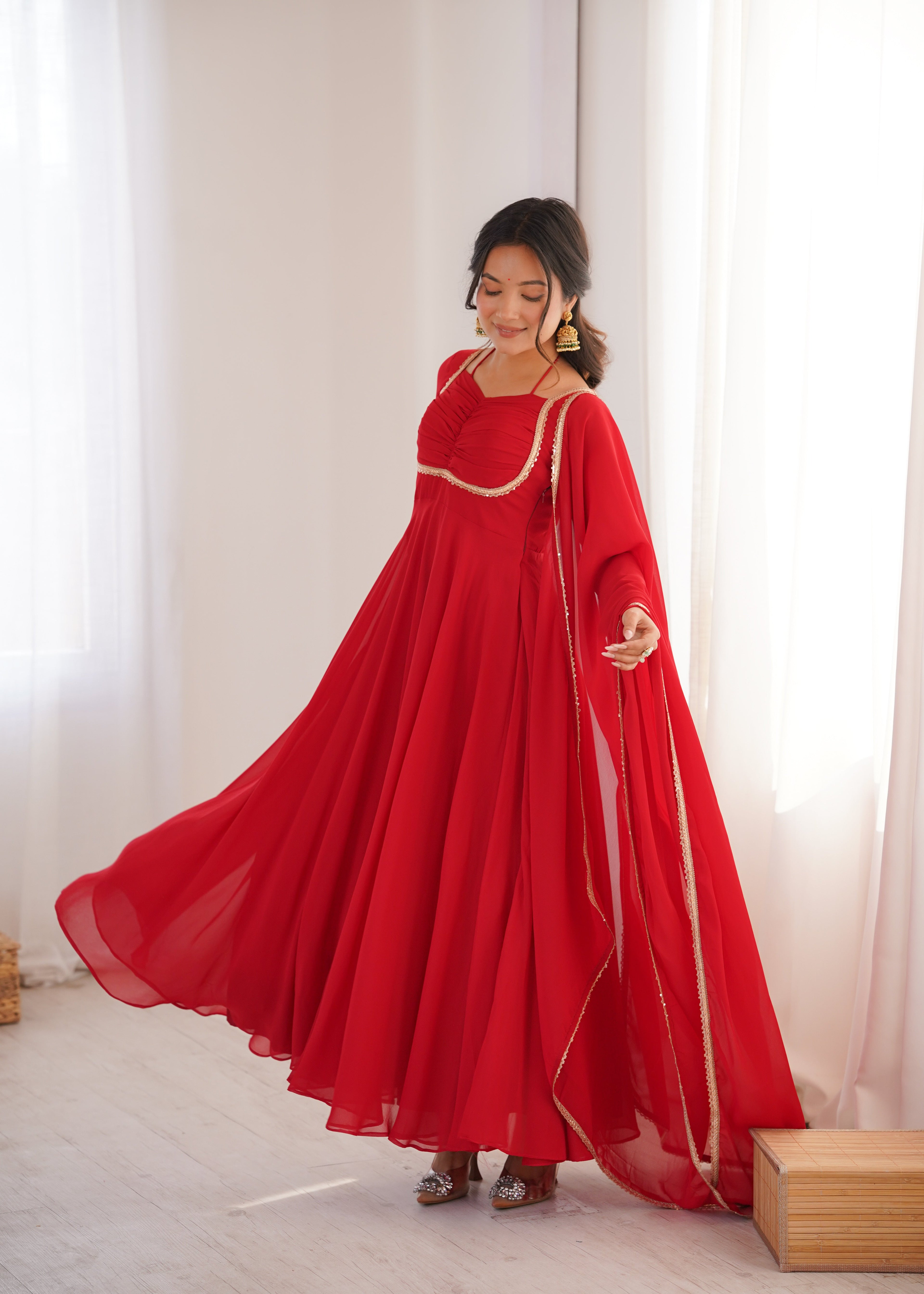 Eloriya Premium Quality Blue Shades And Red Anarkali Suit Set - Red | Eloriya India