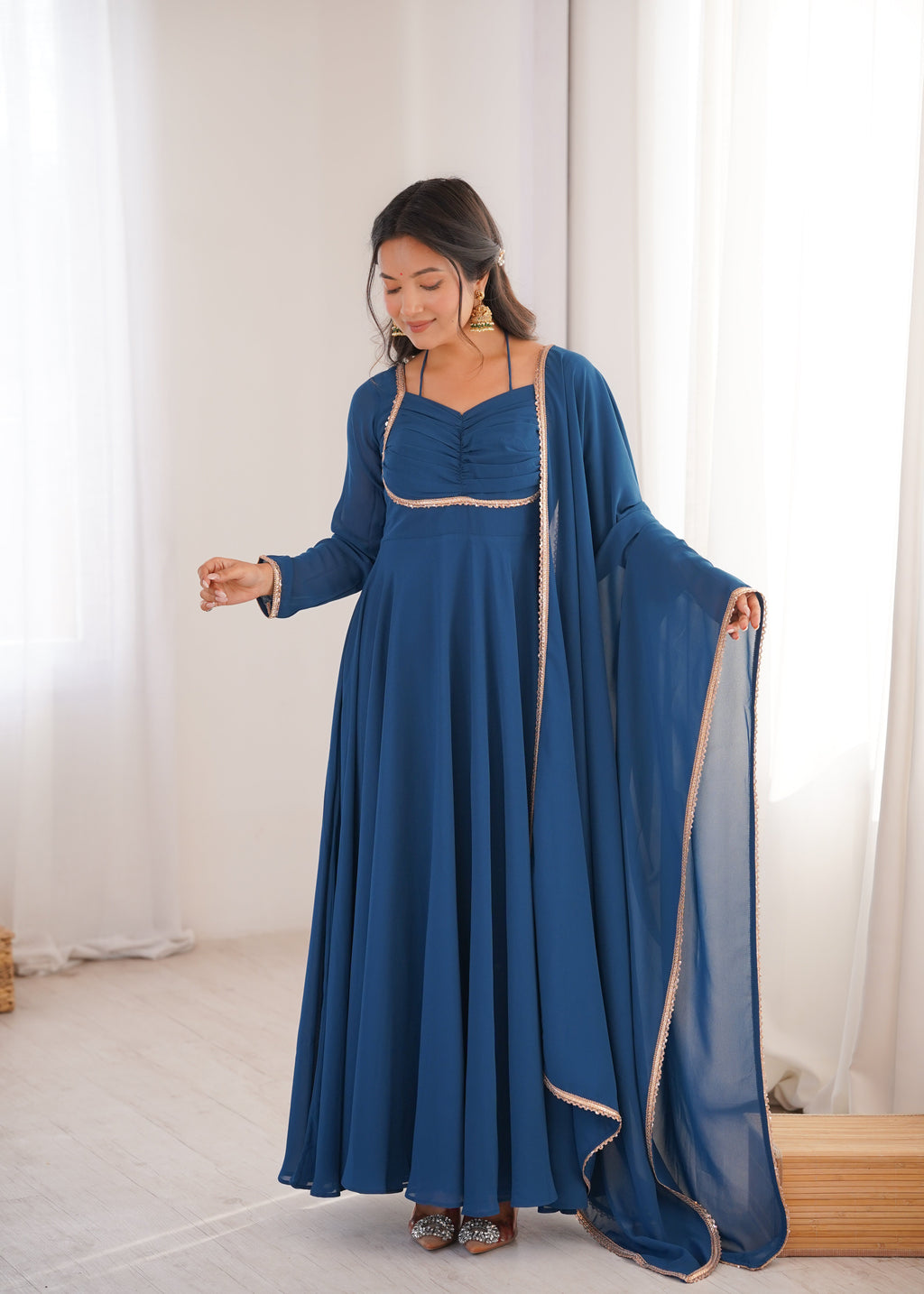 Eloriya Premium Quality Blue Shades And Red Anarkali Suit Set - Red | Eloriya India