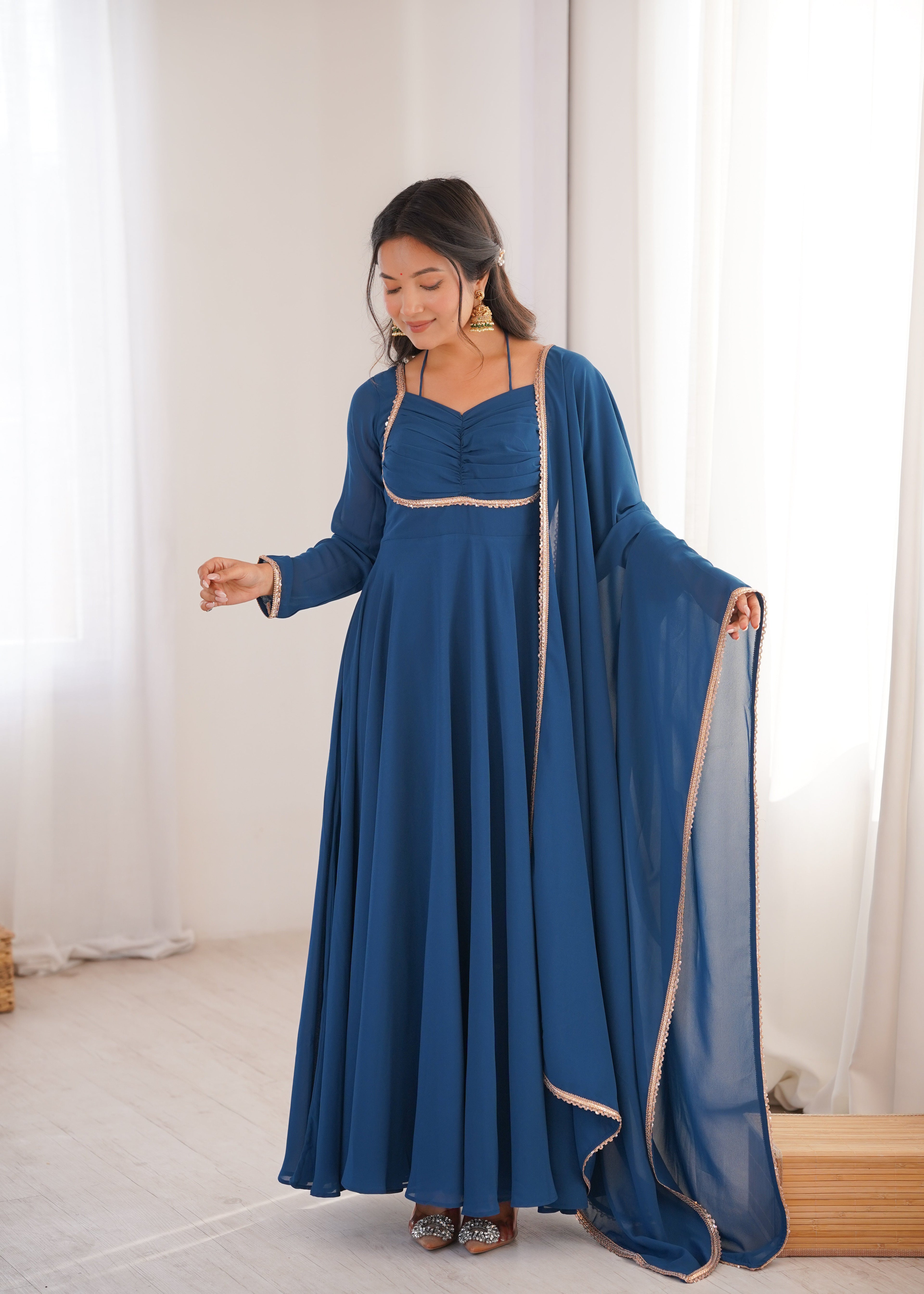 Eloriya Premium Quality Blue Shades And Red Anarkali Suit Set - Red | Eloriya India