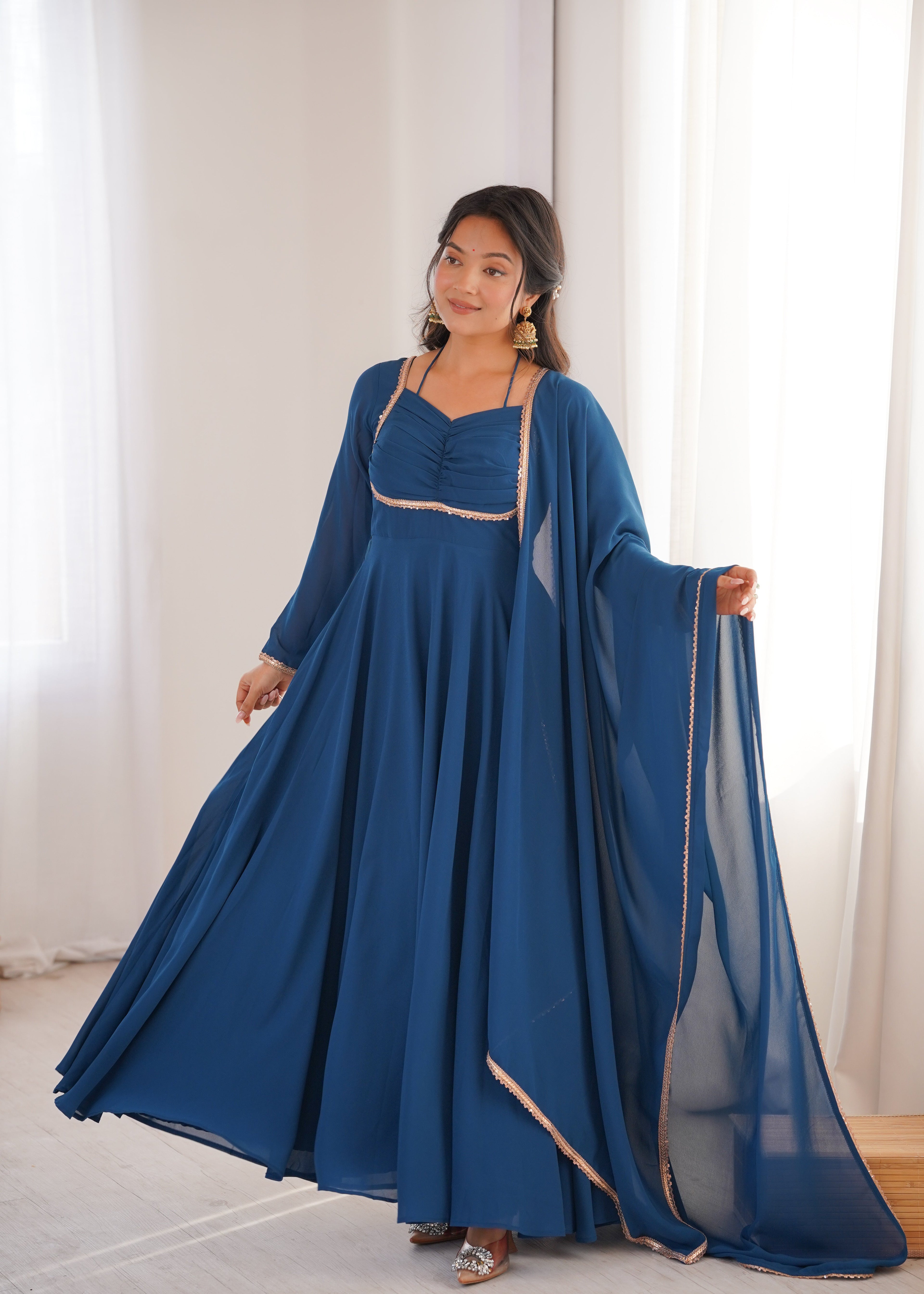 Eloriya Premium Quality Blue Shades And Red Anarkali Suit Set - Teal Blue | Eloriya India