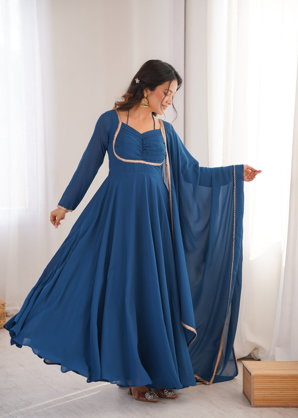 Eloriya Premium Quality Blue Shades And Red Anarkali Suit Set - Teal Blue | Eloriya India