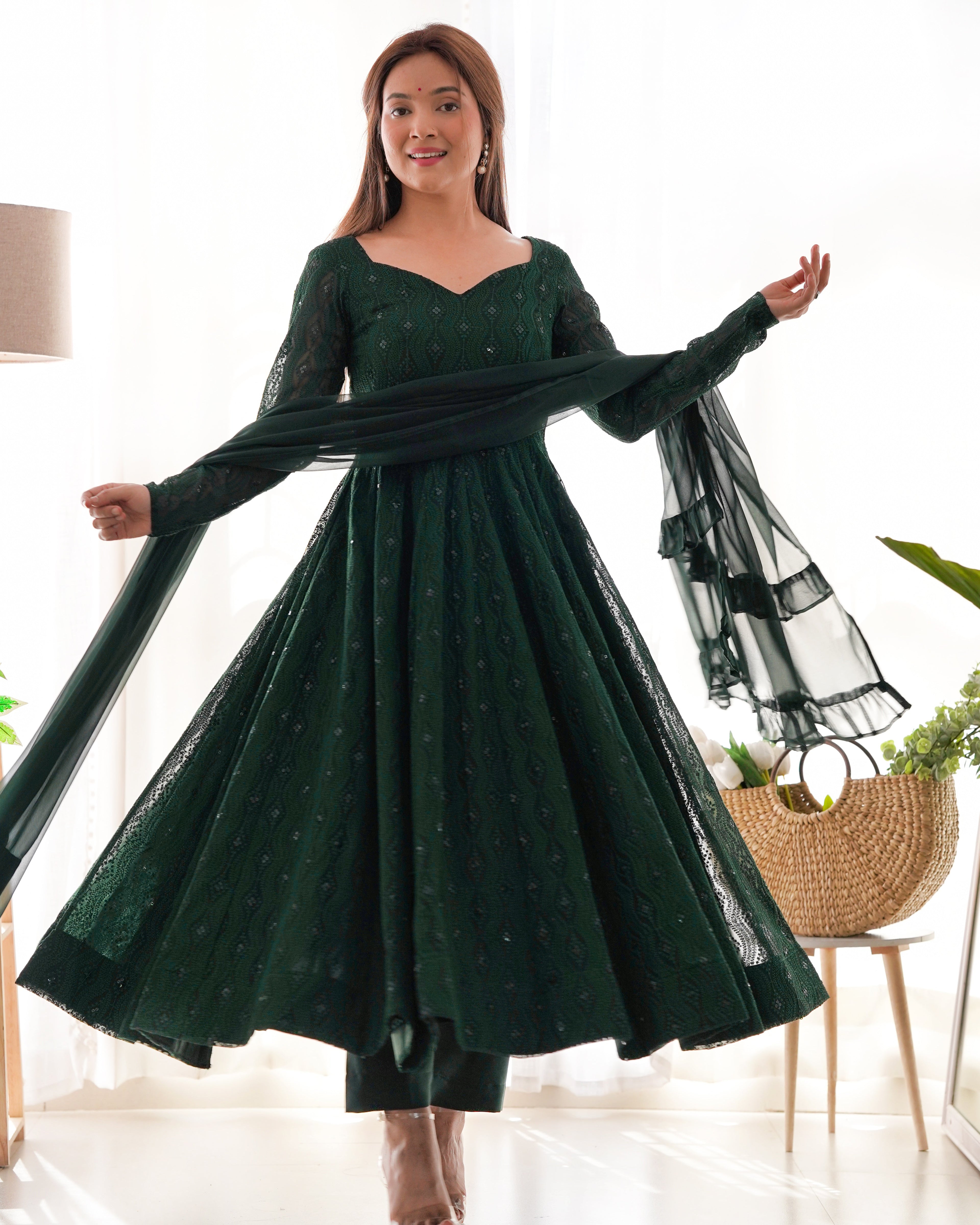 Eloriya Bottle Green Designer Anarkali Suit With Pant And Dupatta - XS [34] | Eloriya India