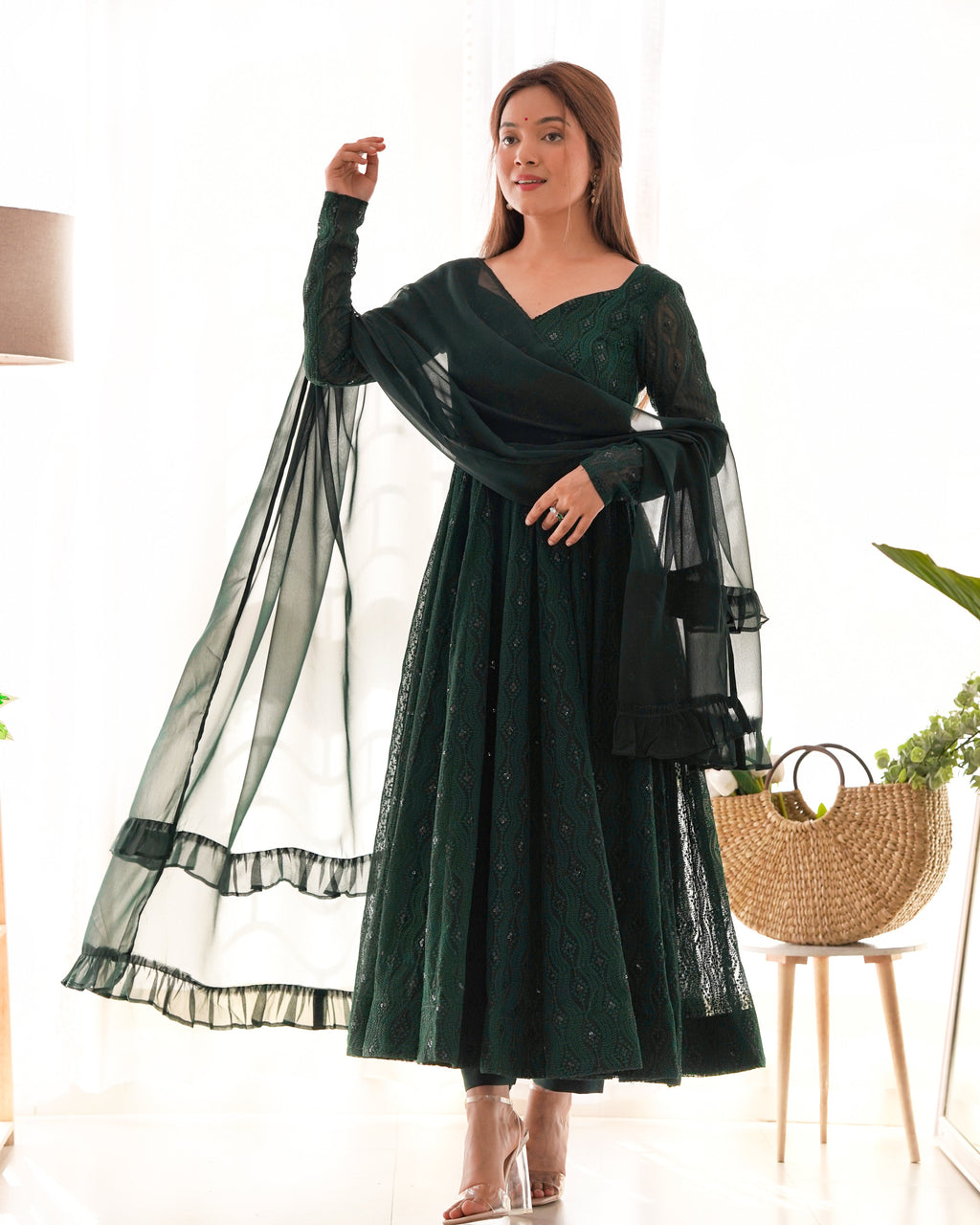 Eloriya Bottle Green Designer Anarkali Suit With Pant And Dupatta - S [36] | Eloriya India