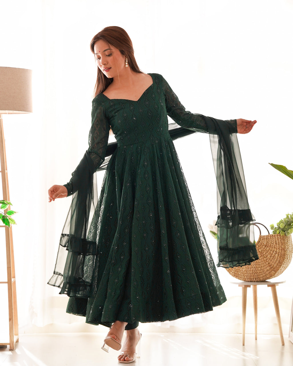 Eloriya Bottle Green Designer Anarkali Suit With Pant And Dupatta - M [38] | Eloriya India