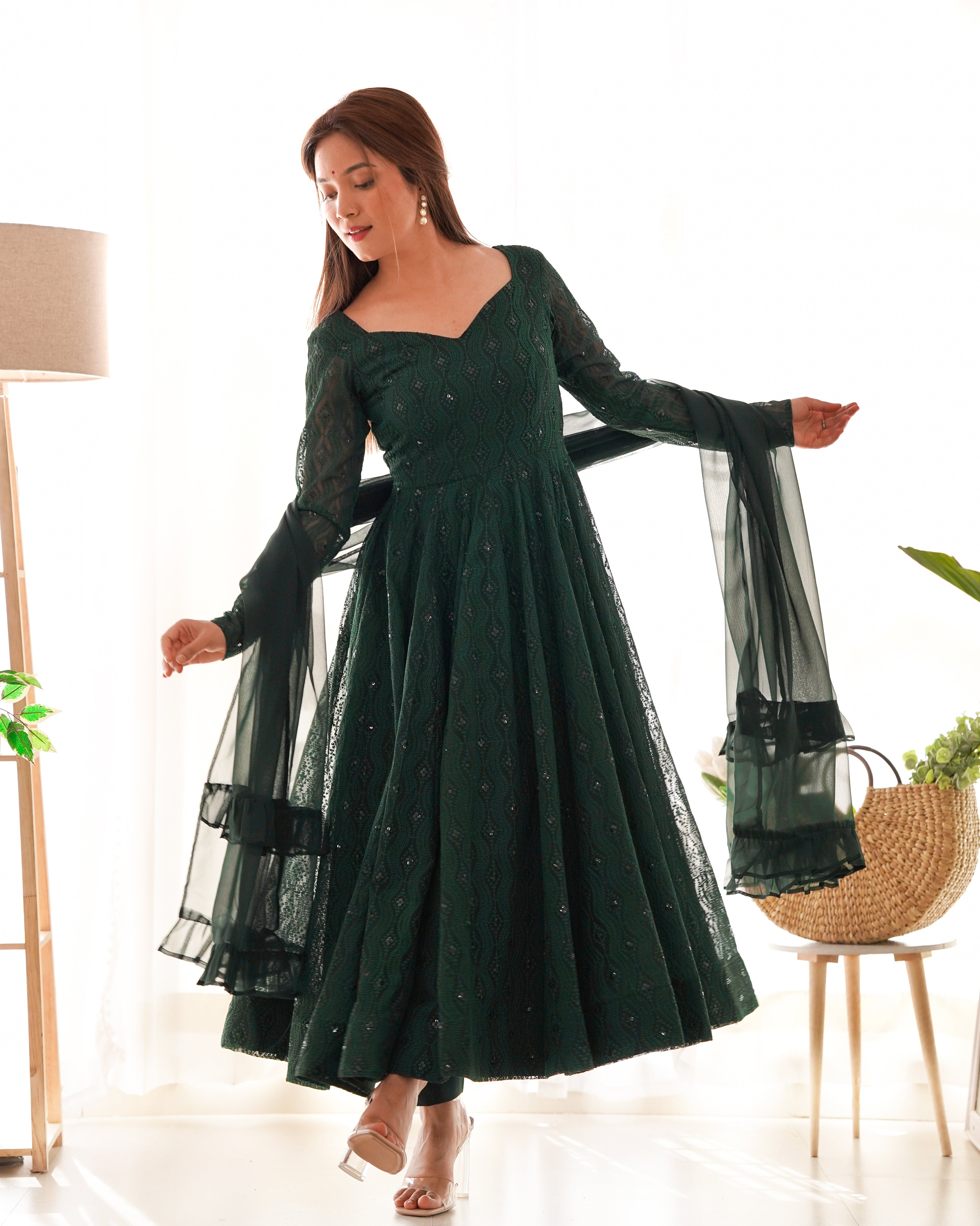 Eloriya Bottle Green Designer Anarkali Suit With Pant And Dupatta - M [38] | Eloriya India
