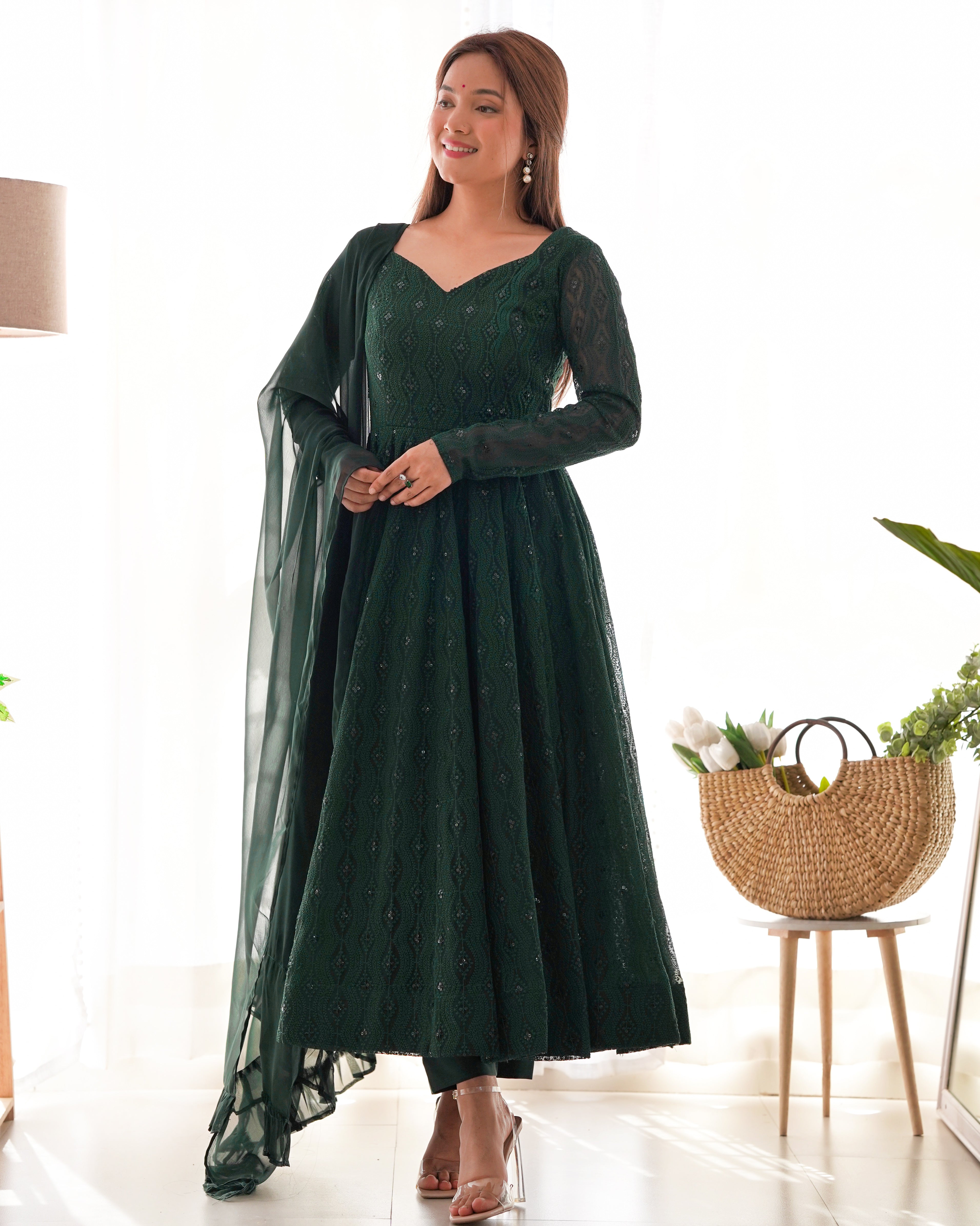 Eloriya Bottle Green Designer Anarkali Suit With Pant And Dupatta - XL [42] | Eloriya India