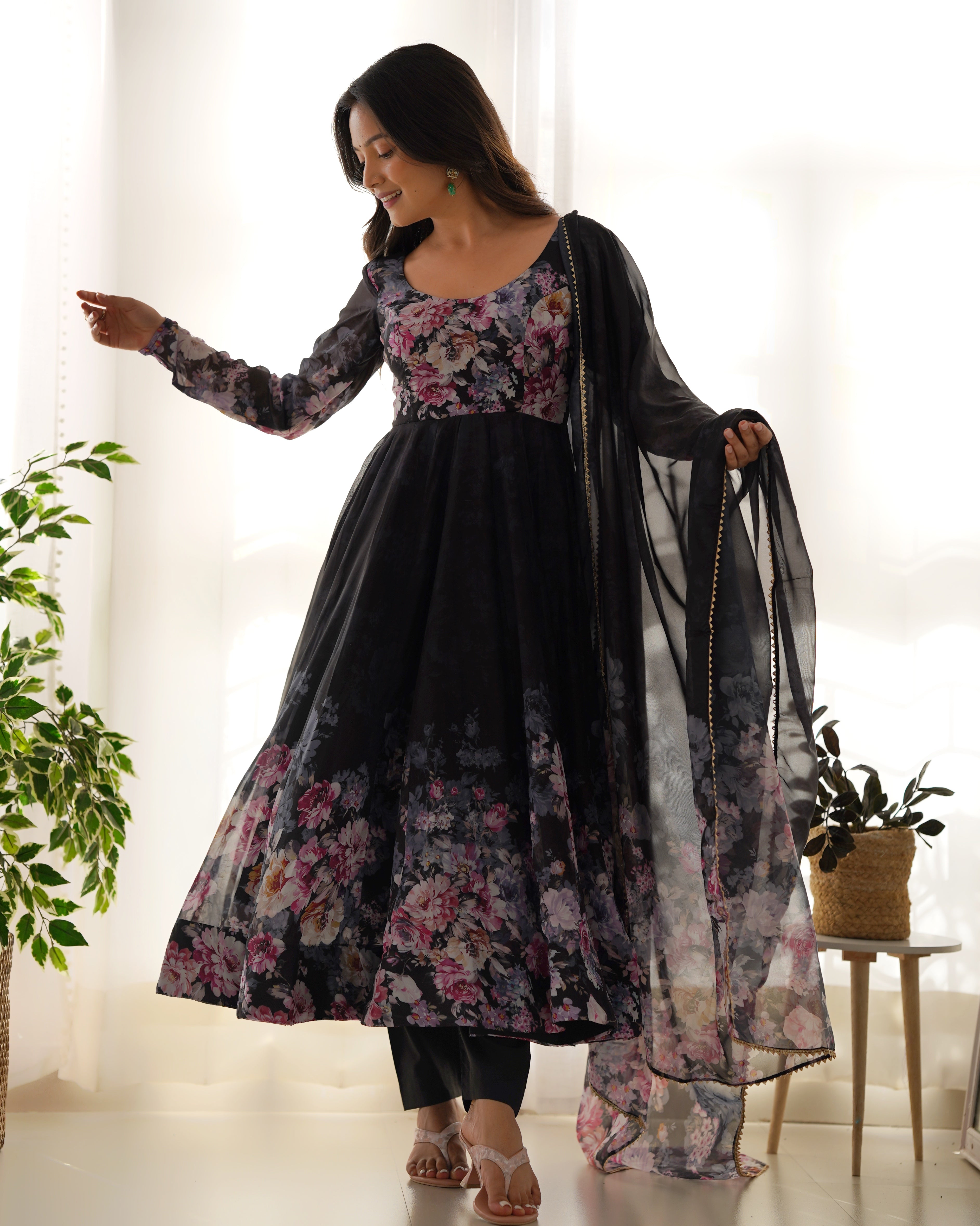 Eloriya Premium Quality Silk Gown Anarkali Suit Set - XL | Eloriya India