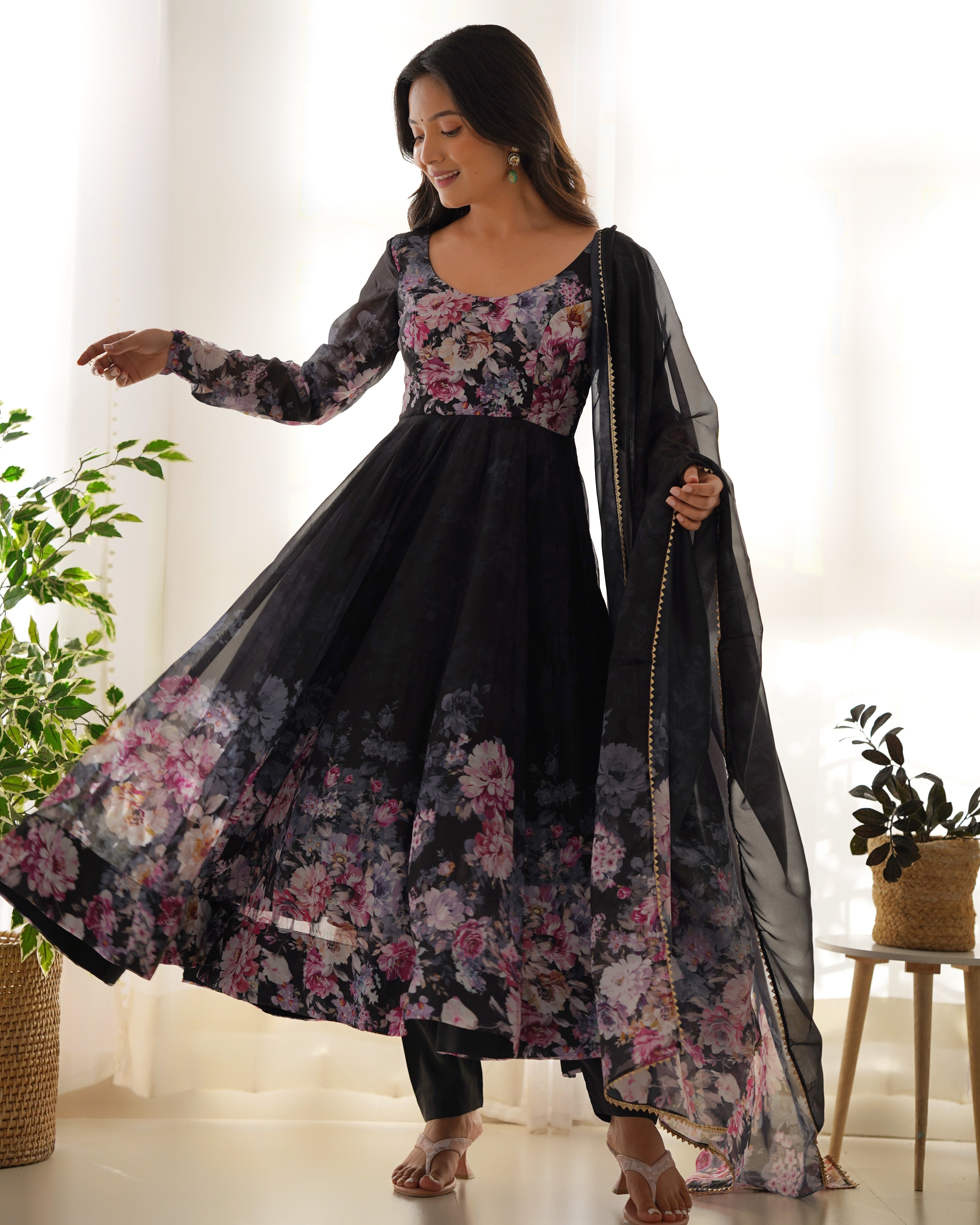Eloriya Premium Quality Silk Gown Anarkali Suit Set - L | Eloriya India