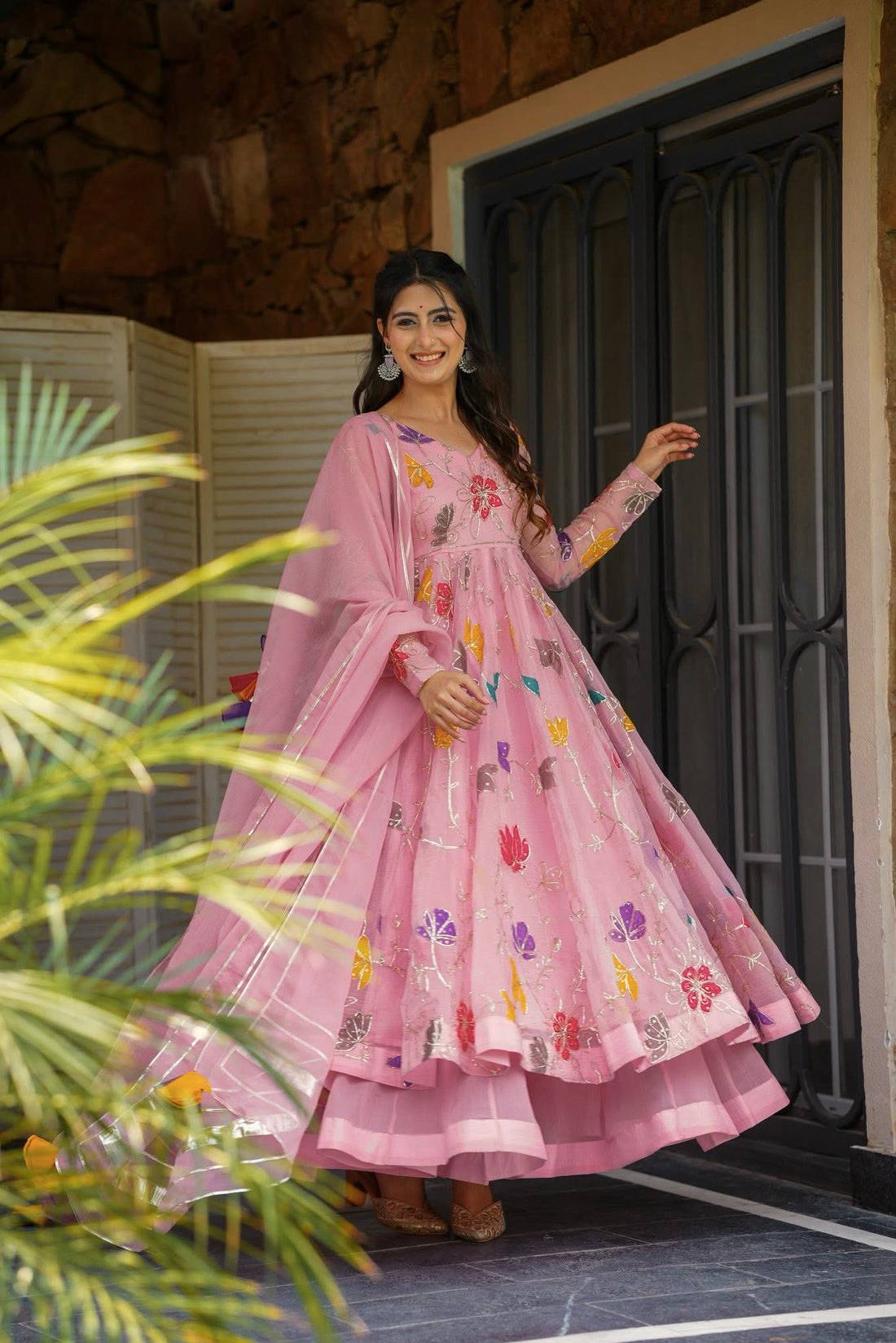 Eloriya Pastel Pink Embroidered Anarkali With Sharara - M [38] | Eloriya India