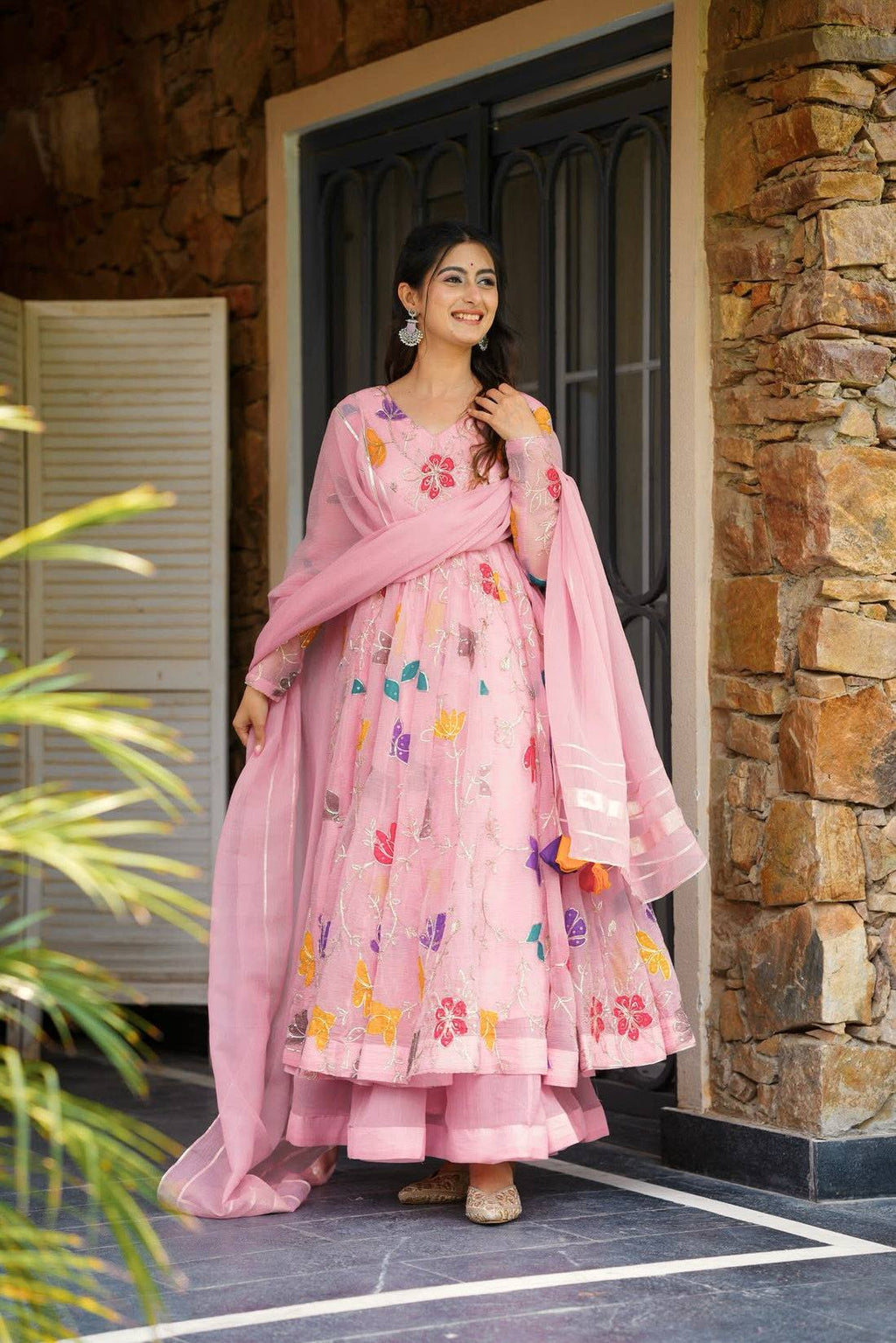 Eloriya Pastel Pink Embroidered Anarkali With Sharara - 2XL [44] | Eloriya India