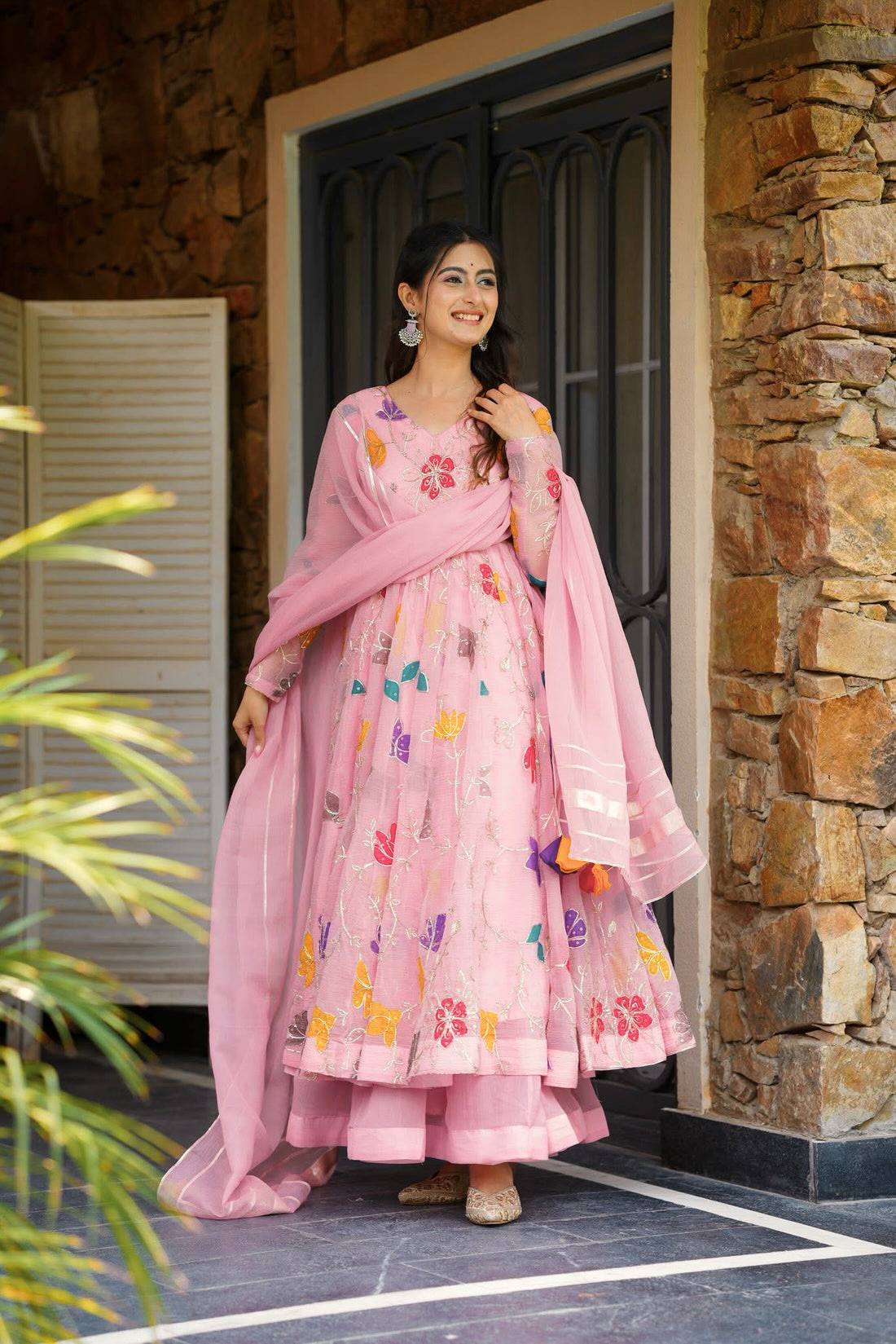 Eloriya Pastel Pink Embroidered Anarkali With Sharara - 2XL [44] | Eloriya India