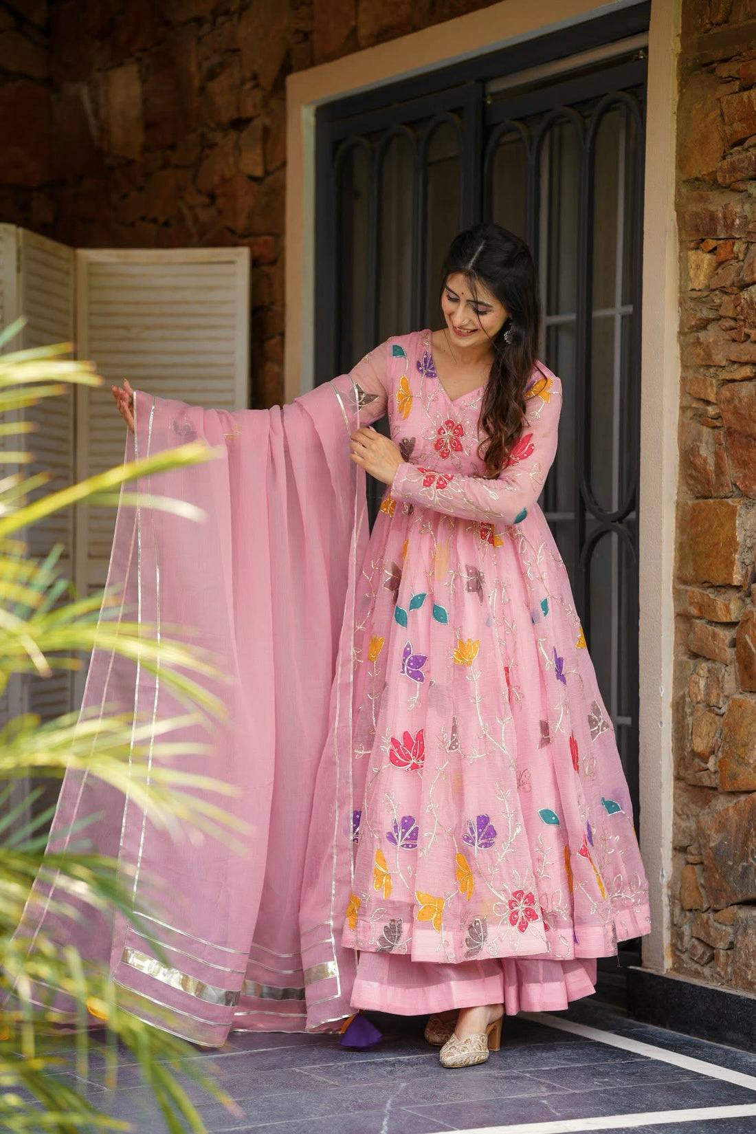 Eloriya Pastel Pink Embroidered Anarkali With Sharara - L [40] | Eloriya India
