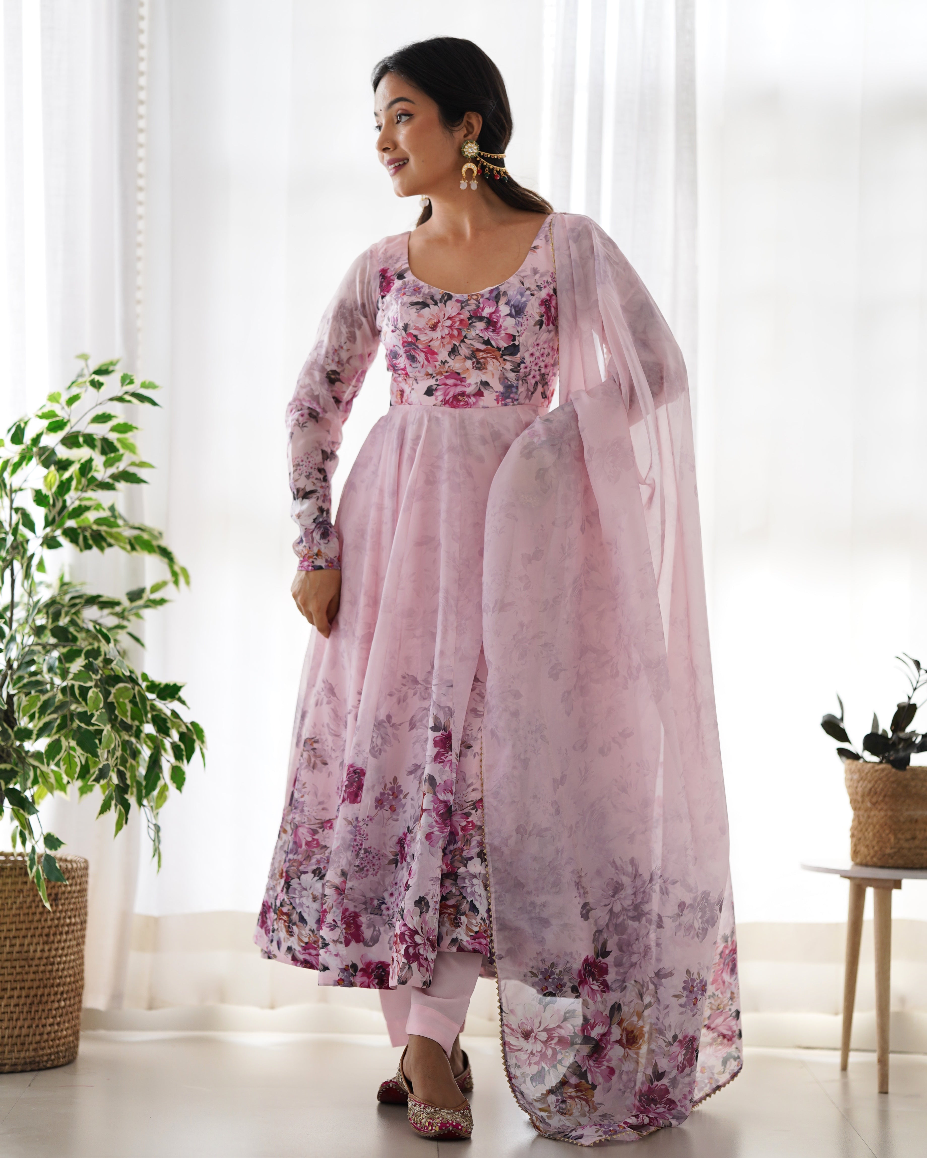 Eloriya Premium Quality Silk Gown Anarkali Suit Set - L | Eloriya India