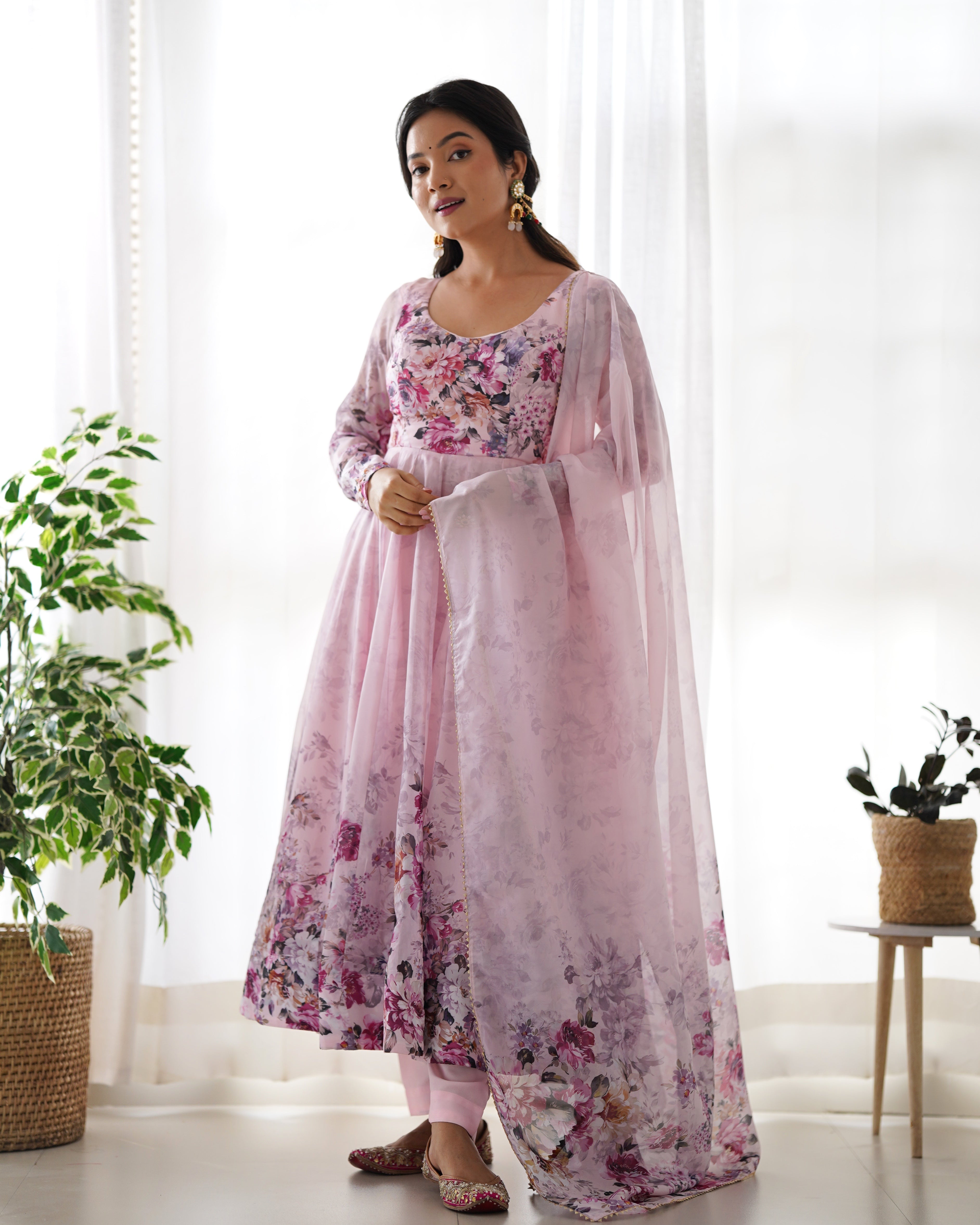 Eloriya Premium Quality Silk Gown Anarkali Suit Set - L | Eloriya India