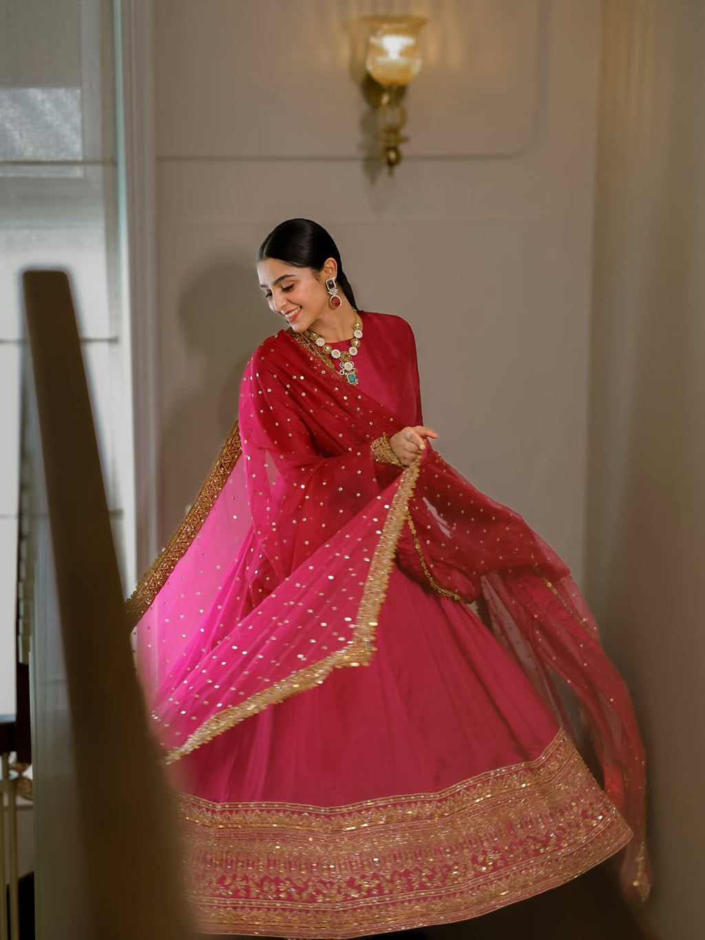 Eloriya Noor Pink Color Embroidered Work Anarkali Suit Set - XS [34] | Eloriya India