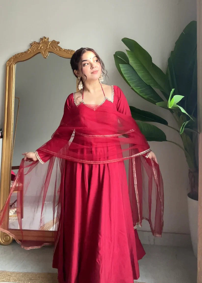 Eloriya Neha Smooth Roman Silk Fabric Premium Anarkali Suit Set - MAROON | Eloriya India