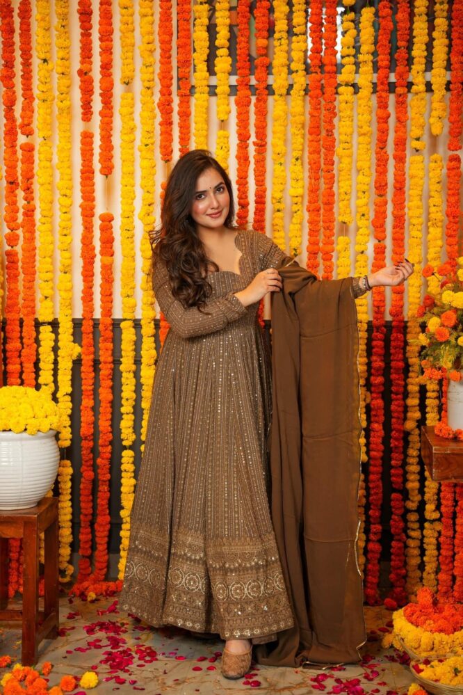 Eloriya Premium Quality Chocolate Anarkali Suit Set - S [36] | Eloriya India