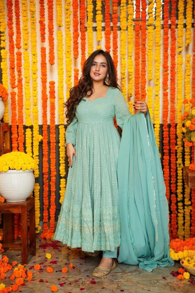 Eloriya Premium Quality Sky Anarkali Suit Set - XS [34] | Eloriya India