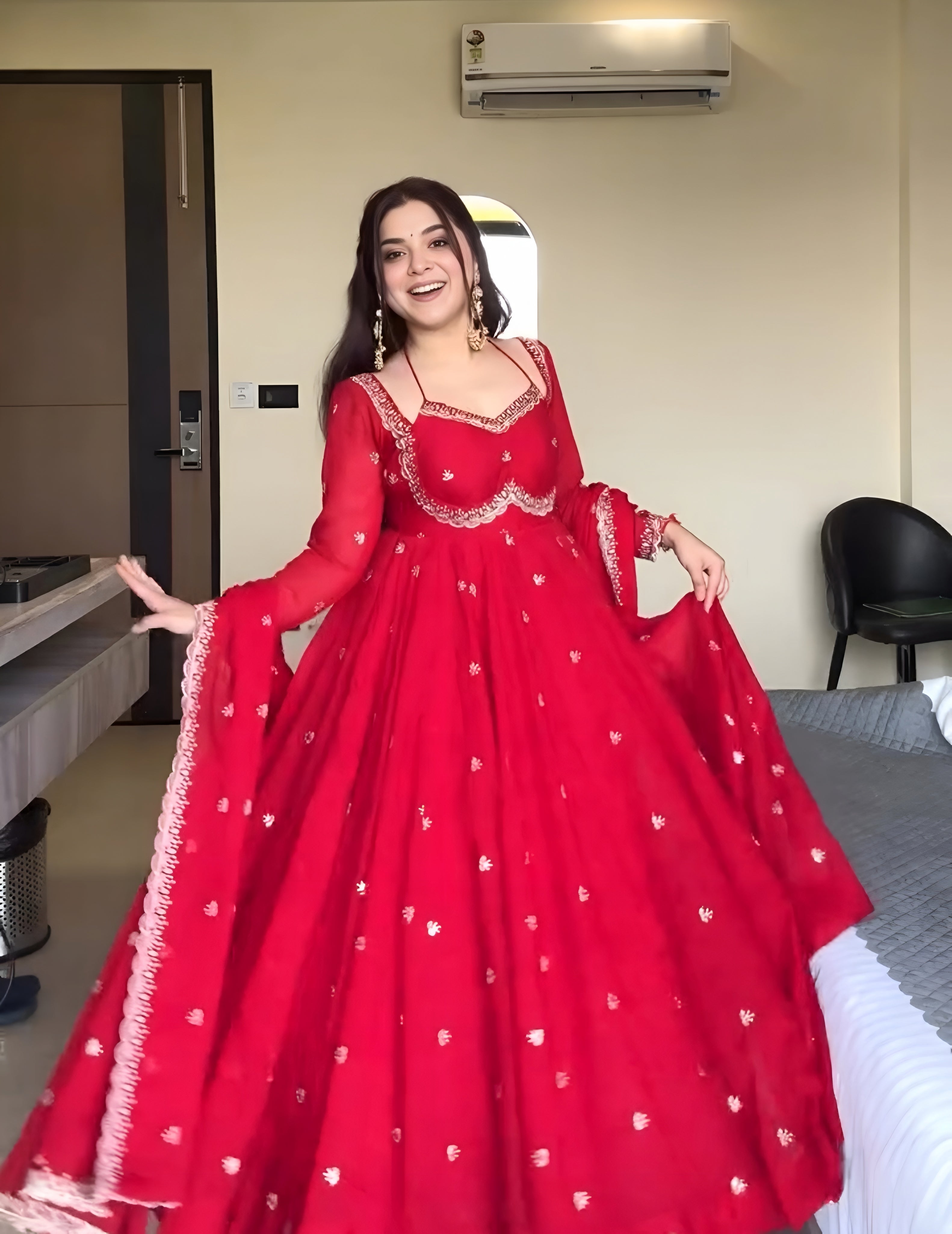 Eloriya Classic Red Karva Chauth Special Anarkali Suit Set - XS [34] | Eloriya India